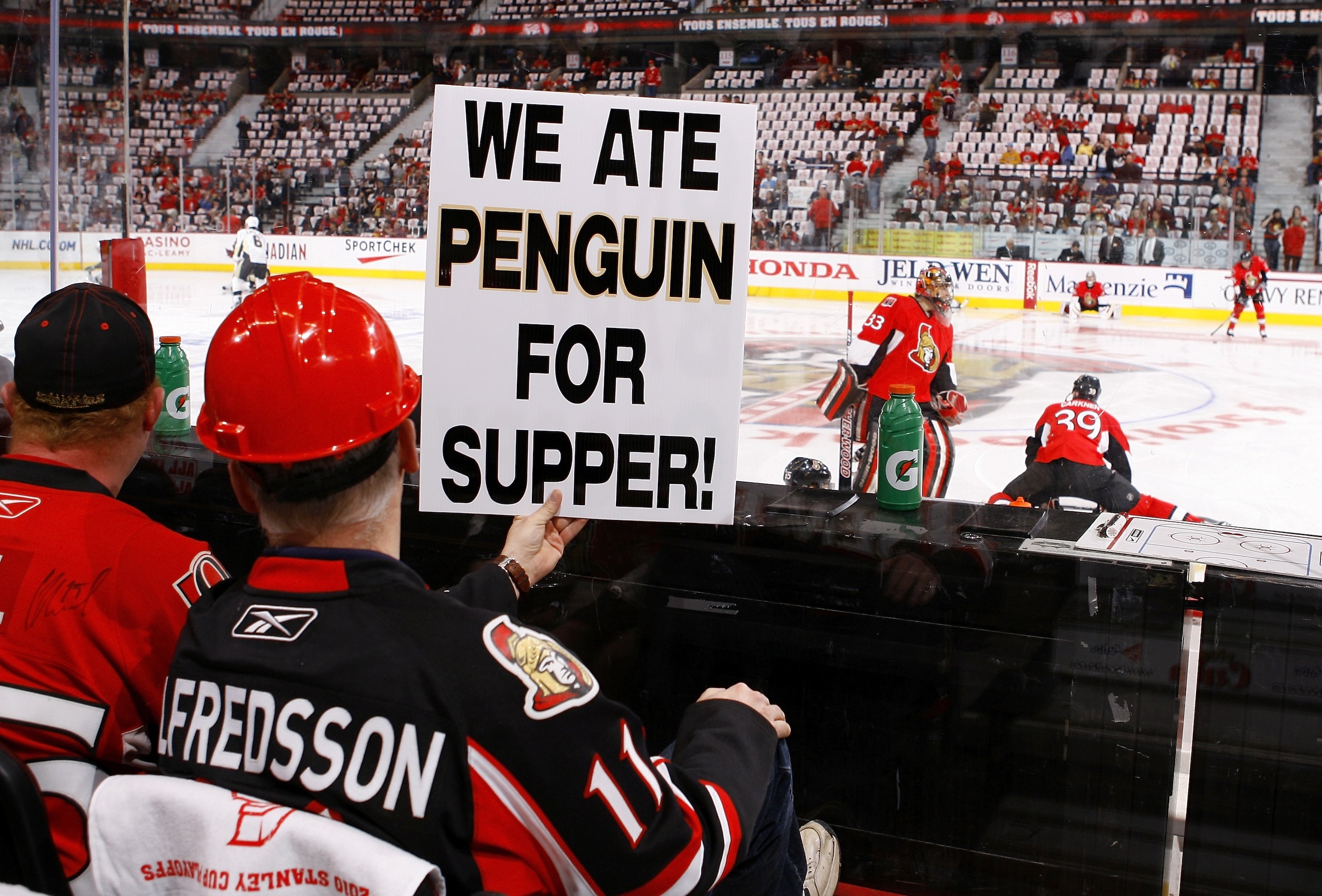 OTTAWA, ON - APRIL 24:  Ottawa Senators' fans show their support in Game 6 of the Eastern Conference Quaterfinals against the Pittsburgh Penguins during the 2010 Stanley Cup Playoffs at Scotiabank Place on April 24, 2010 in Ottawa, Canada.  (Photo by Phil