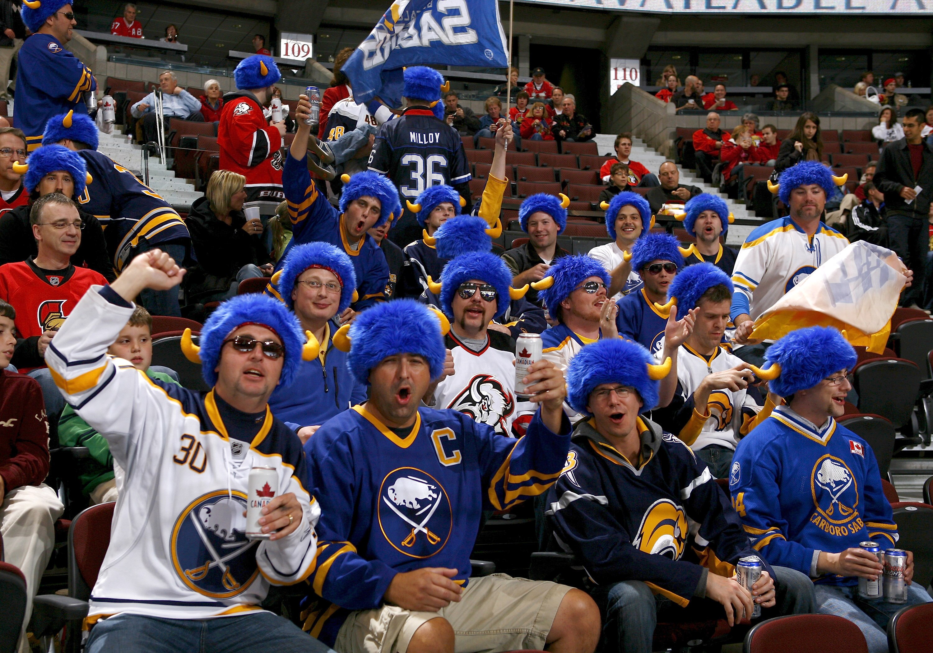 OTTAWA, ON - OCTOBER 08:  A large group of Buffalo Sabres fans invade the stands before a game against the Ottawa Senators at Scotiabank Place on October 8, 2010 in Ottawa, Ontario,  Canada. The Buffalo Sabres defeated the Ottawa Senators 2-1. (Photo by P