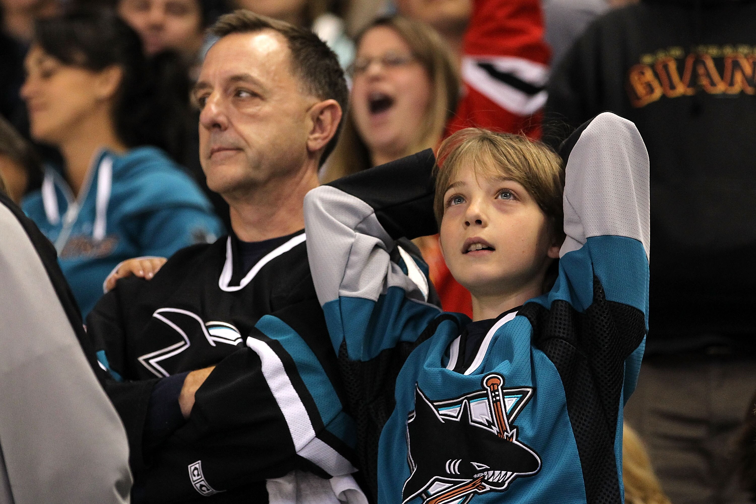 SAN JOSE, CA - MAY 16:  San Jose Sharks fans react late in the third period before the Sharks lost to the Chicago Blackhawks in Game One of the Western Conference Finals during the 2010 NHL Stanley Cup Playoffs at HP Pavilion on May 16, 2010 in San Jose, 