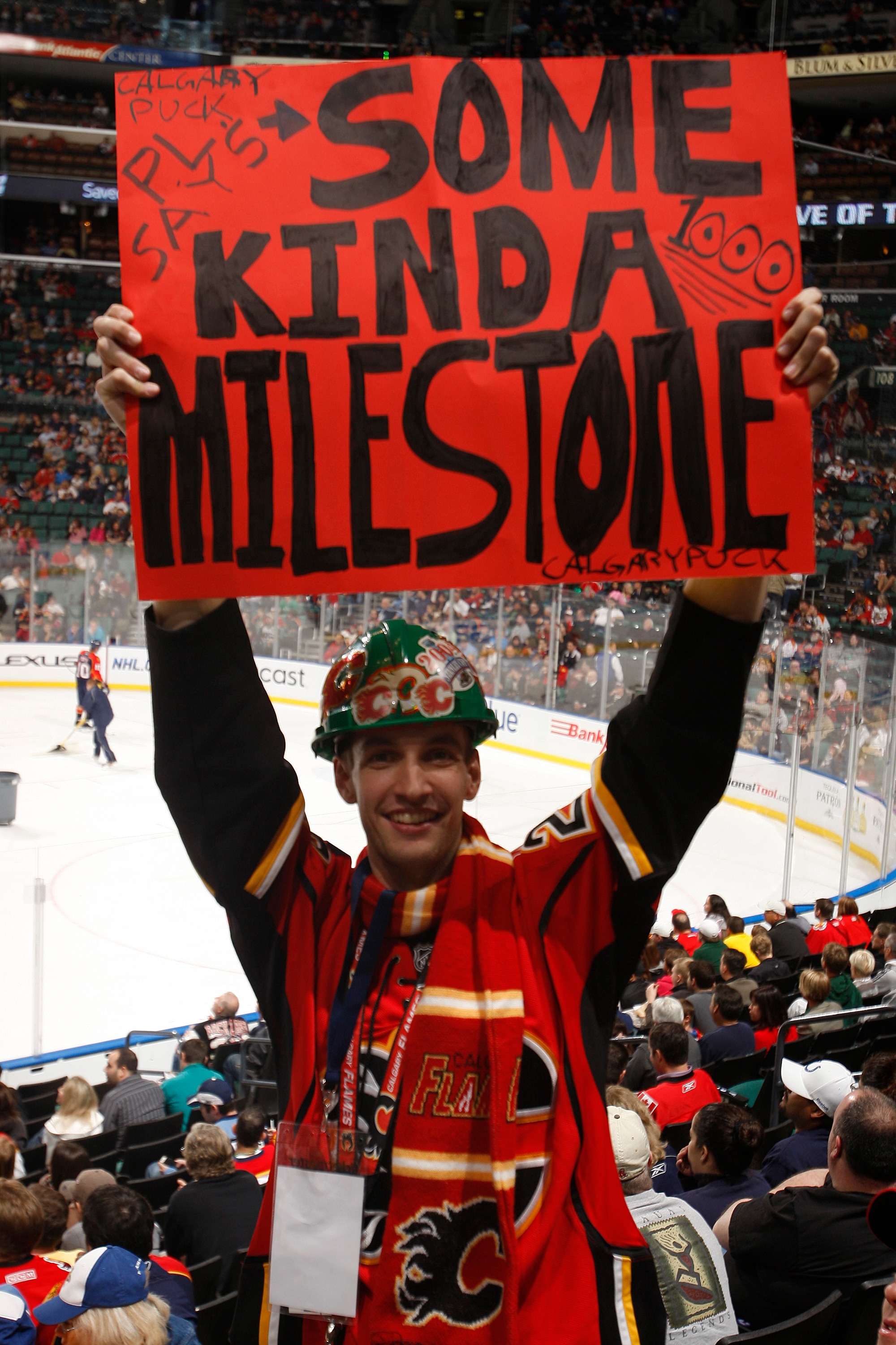 SUNRISE, FL - FEBRUARY 5: Calgary Flames fan Viktor Grant roots for his team during the game against the Florida Panthers on February 5, 2010 at the BankAtlantic Center in Sunrise, Florida. (Photo by Joel Auerbach/Getty Images)