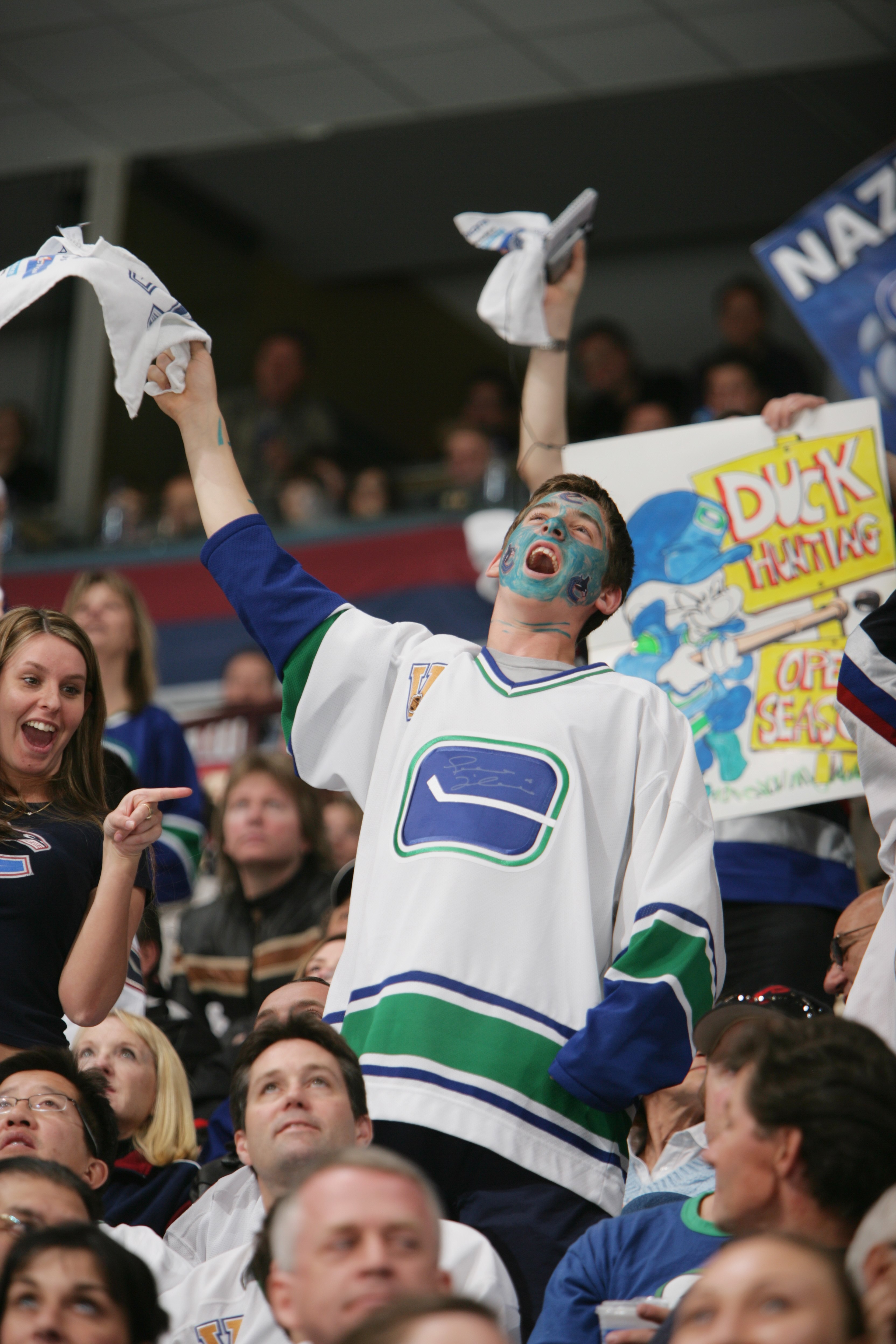 VANCOUVER, BC - APRIL 29:  Vancouver Canucks fans cheer during the game against the Anaheim Ducks in Game Three of the 2007 Western Conference Semifinals at General Motors Place on April 29, 2007 in Vancouver, British Columbia, Canada. The Ducks won 3-2. 