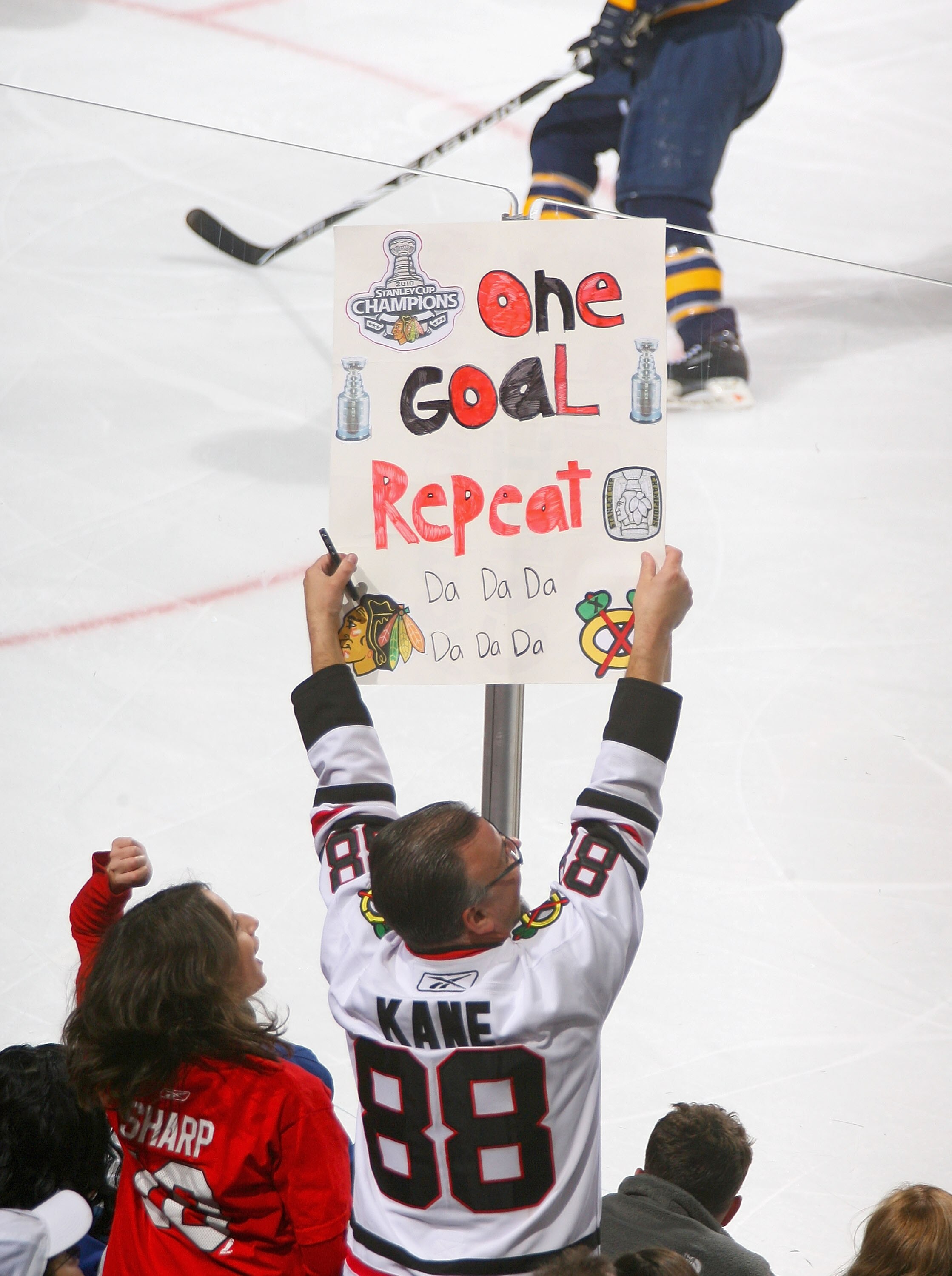 BUFFALO, NY - OCTOBER 11: A fan of the Chicago Blackhawks expresses his wish during play between the Buffalo Sabres and Chicago Blackhawks  at HSBC Arena on October 11, 2010 in Buffalo, New York.  Chicago won 4-3.(Photo by Rick Stewart/Getty Images)