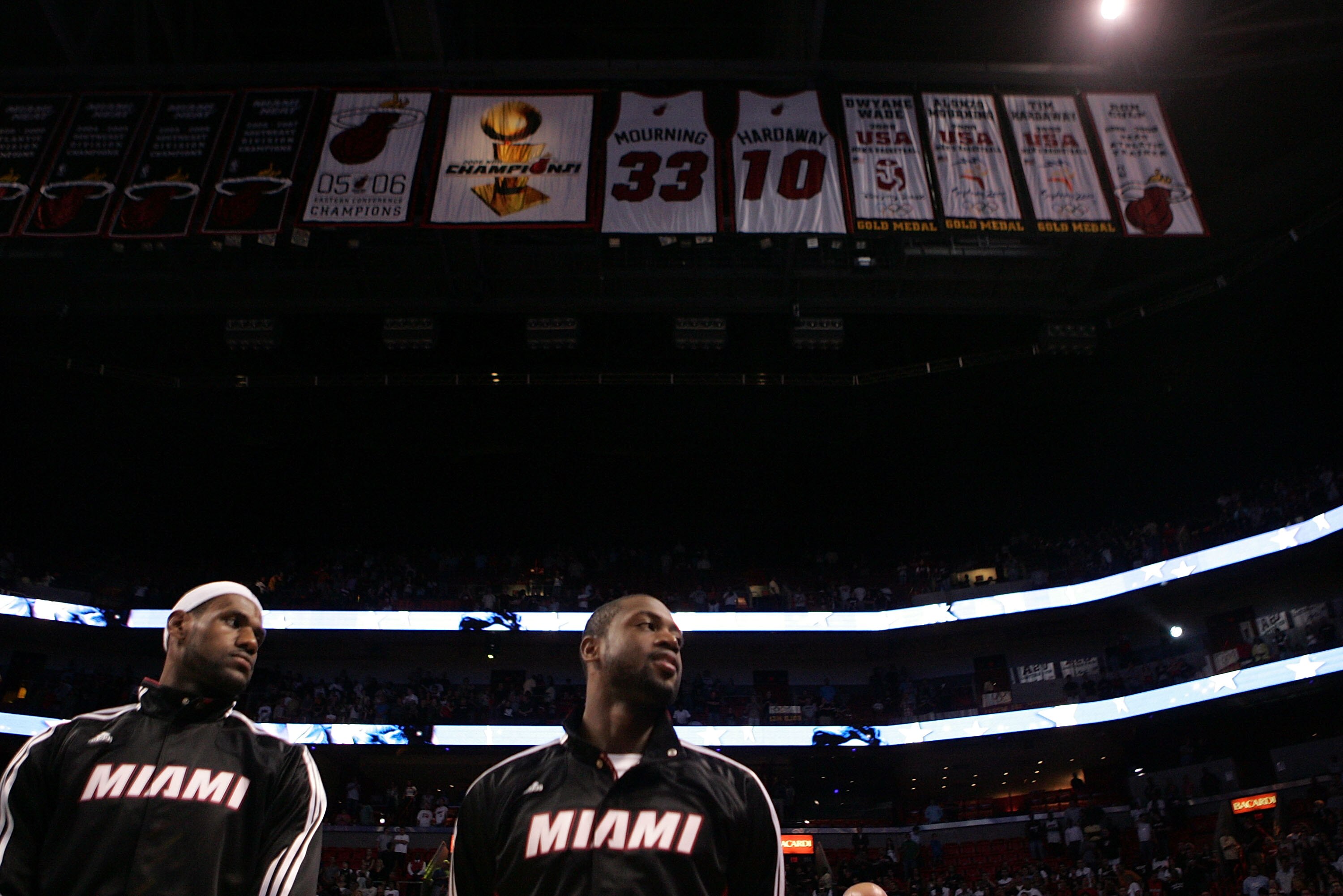 MIAMI - OCTOBER 12:  Forward LeBron James #6 and Dwyane Wade #3 of the Miami Heat prior to playing CSKA Moskow on October 12, 2010 in Miami, Florida.  NOTE TO USER: User expressly acknowledges and agrees that, by downloading and or using this photograph,