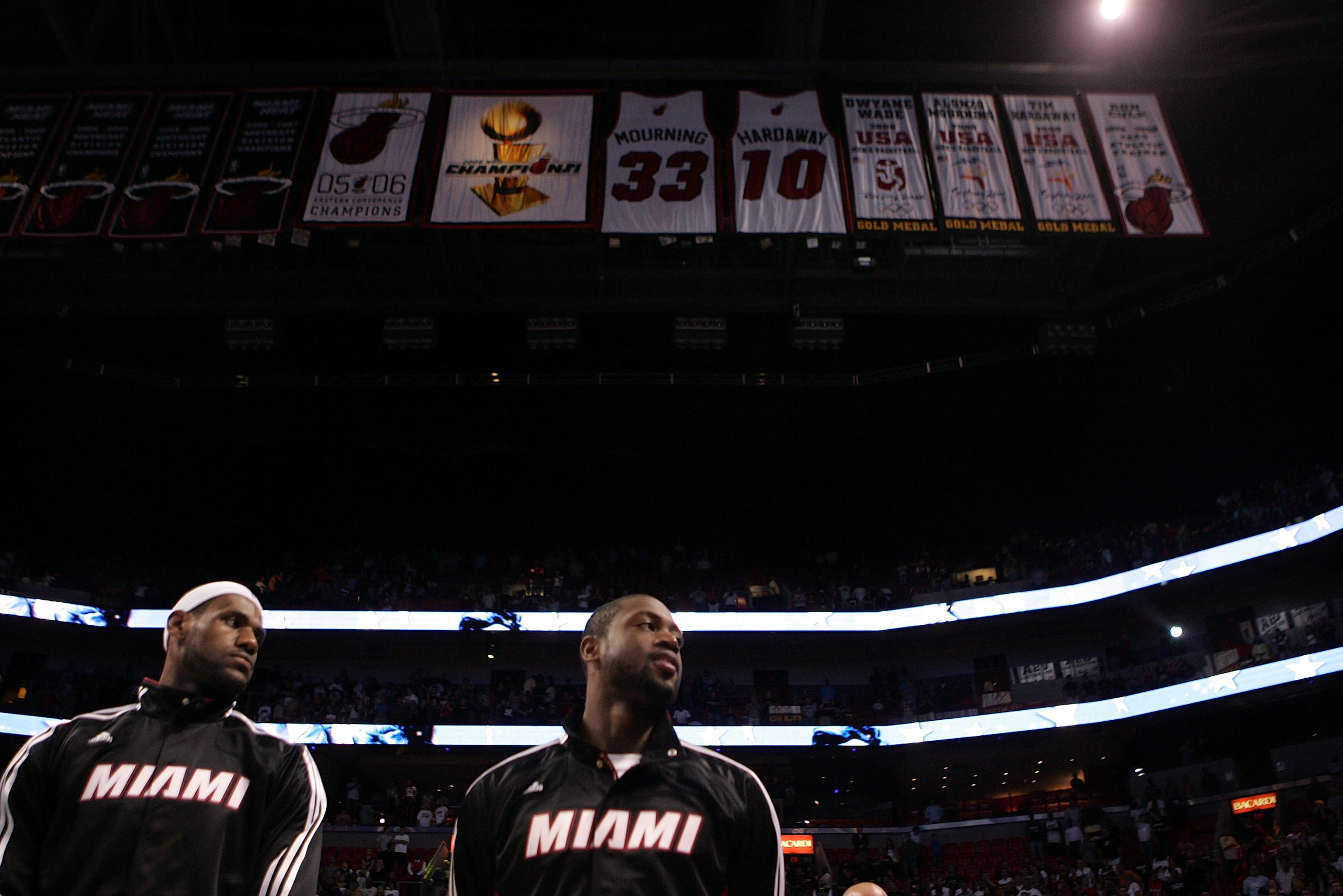 MIAMI - OCTOBER 12:  Forward LeBron James #6 and Dwyane Wade #3 of the Miami Heat prior to playing CSKA Moskow on October 12, 2010 in Miami, Florida.  NOTE TO USER: User expressly acknowledges and agrees that, by downloading and or using this photograph,