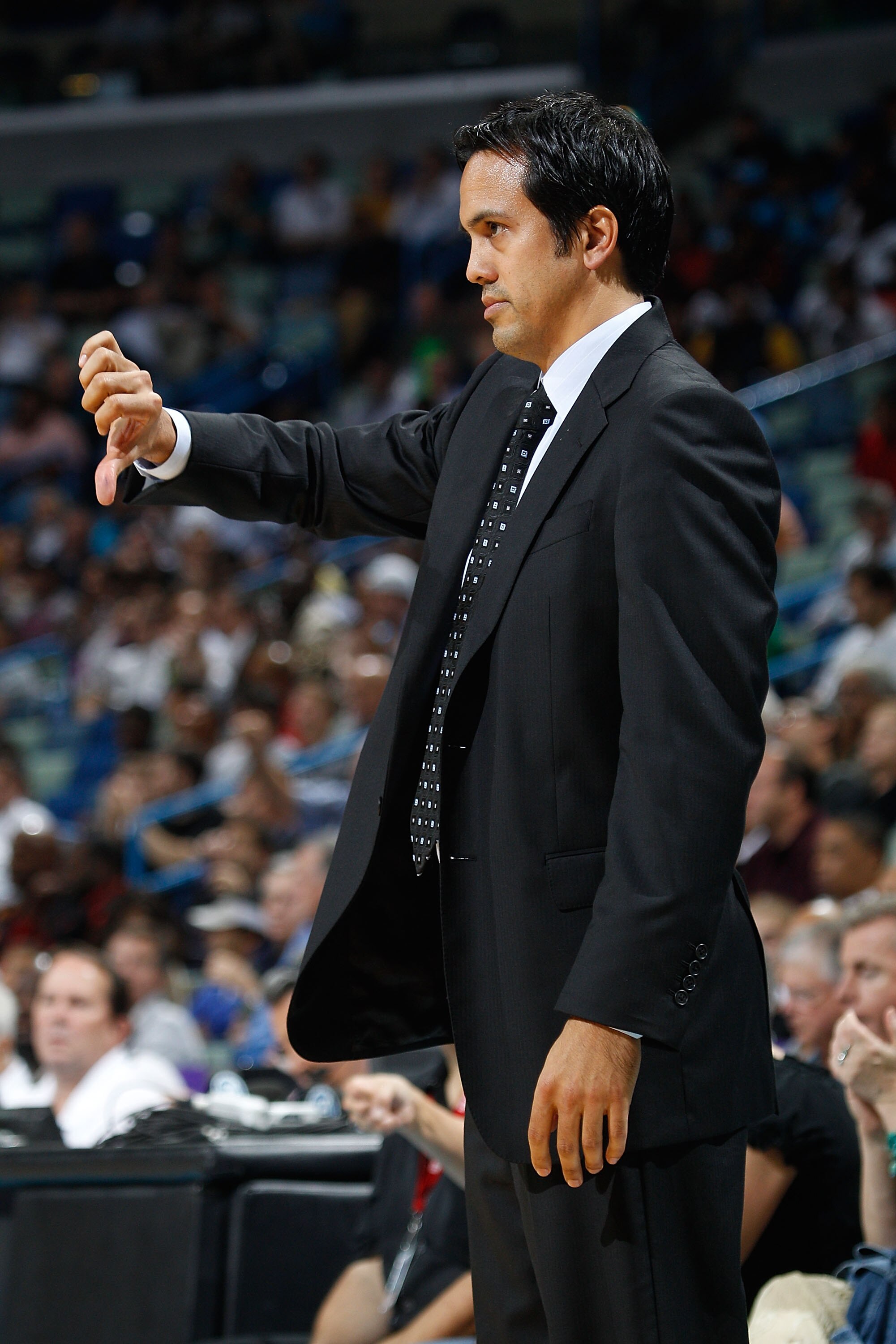 NEW ORLEANS - OCTOBER 13:  Head coach Erik Spoelstra of the Miami Heat in action during the game against the New Orleans Hornets at the New Orleans Arena on October 13, 2010 in New Orleans, Louisiana.  NOTE TO USER: User expressly acknowledges and agrees