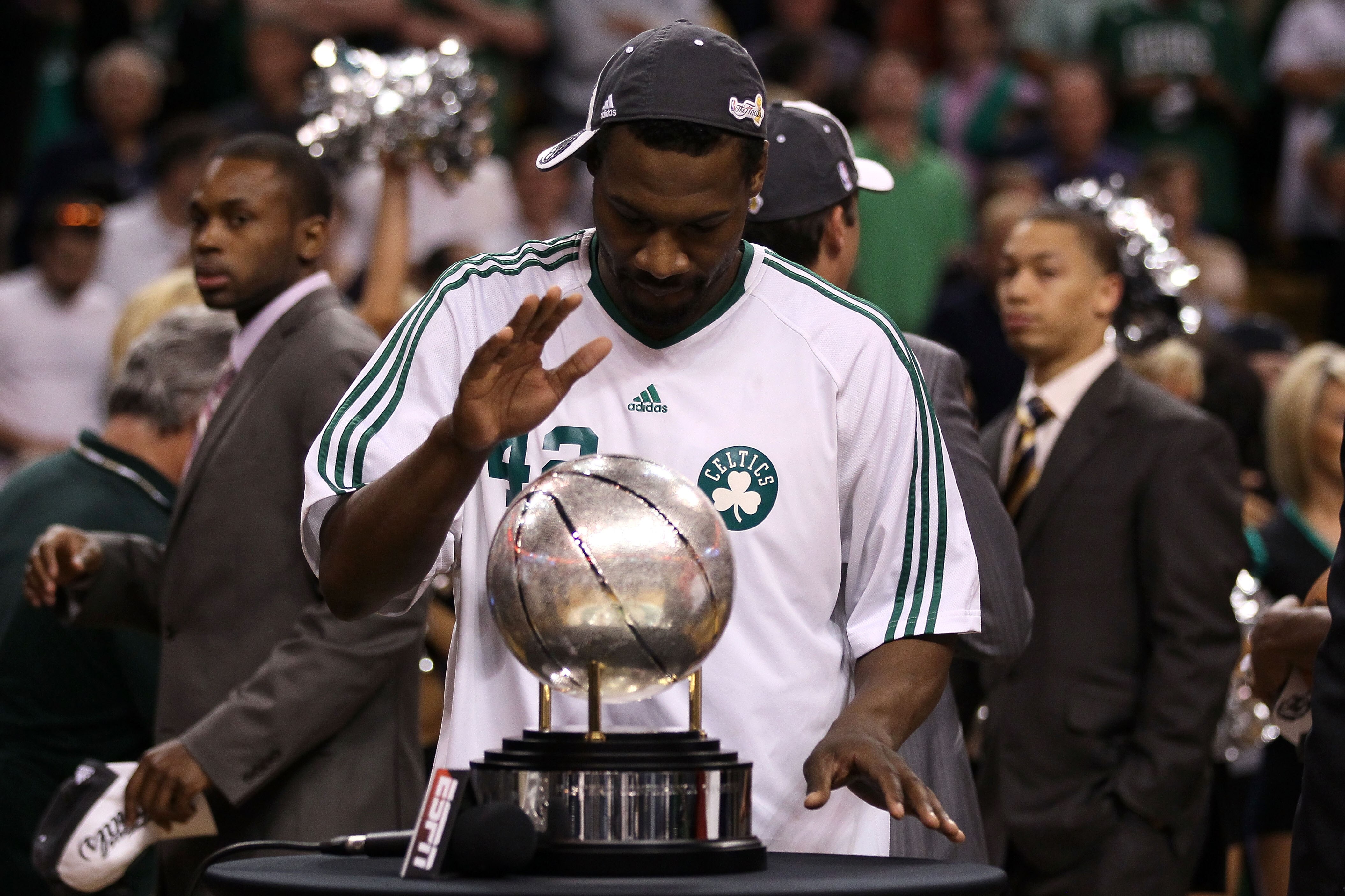 BOSTON - MAY 28:  Tony Allen #42 of the Boston Celtics celebrates with the Eastern COnference trophy after the Celtics won against the Orlando Magic in Game Six of the Eastern Conference Finals during the 2010 NBA Playoffs at TD Garden on May 28, 2010 in