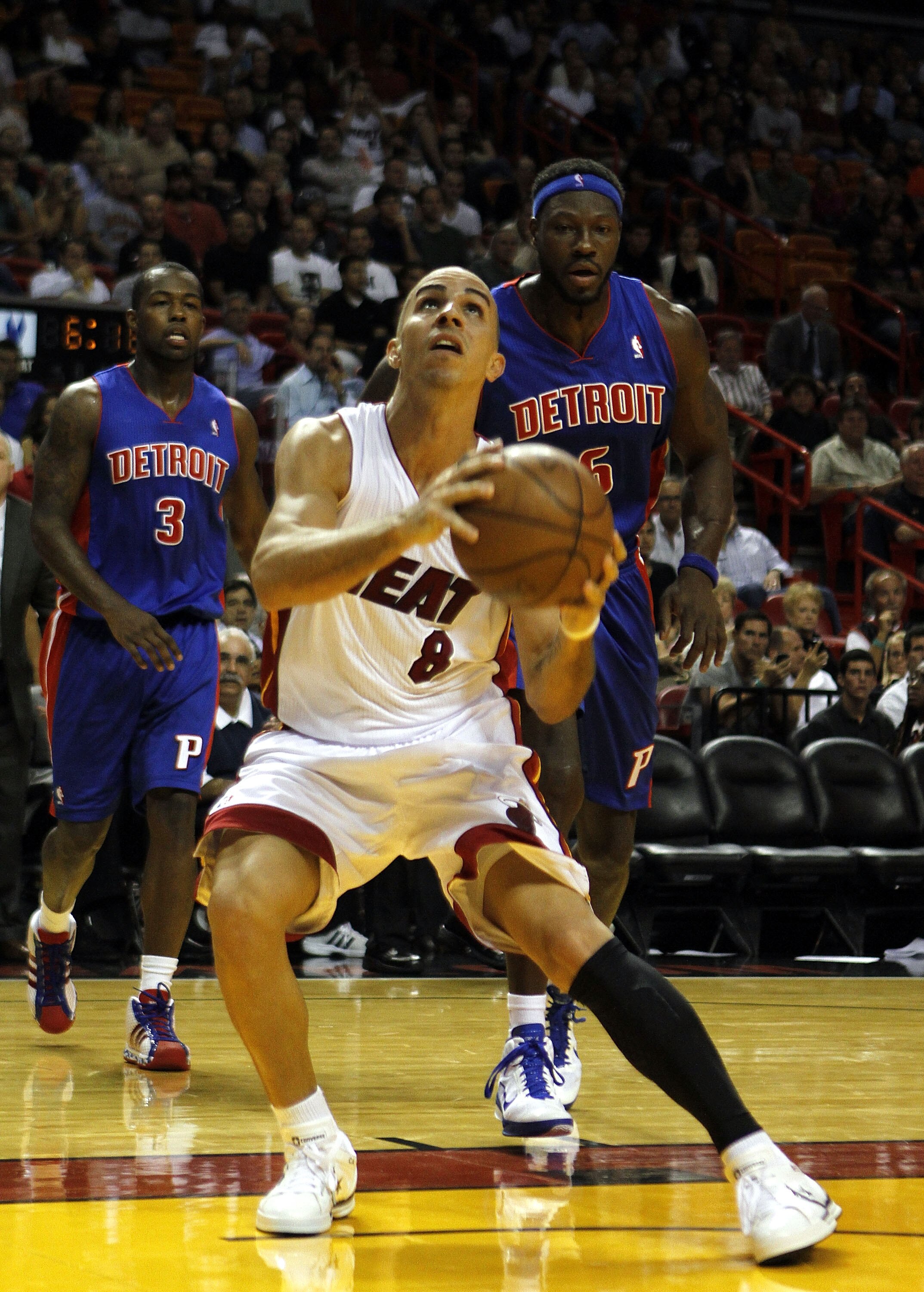 MIAMI - OCTOBER 05:  Guard Carlos Arroyo #8 on the court against the Detroit Pistons on October 5, 2010 in Miami, Florida.  NOTE TO USER: User expressly acknowledges and agrees that, by downloading and or using this photograph, User is consenting to the t