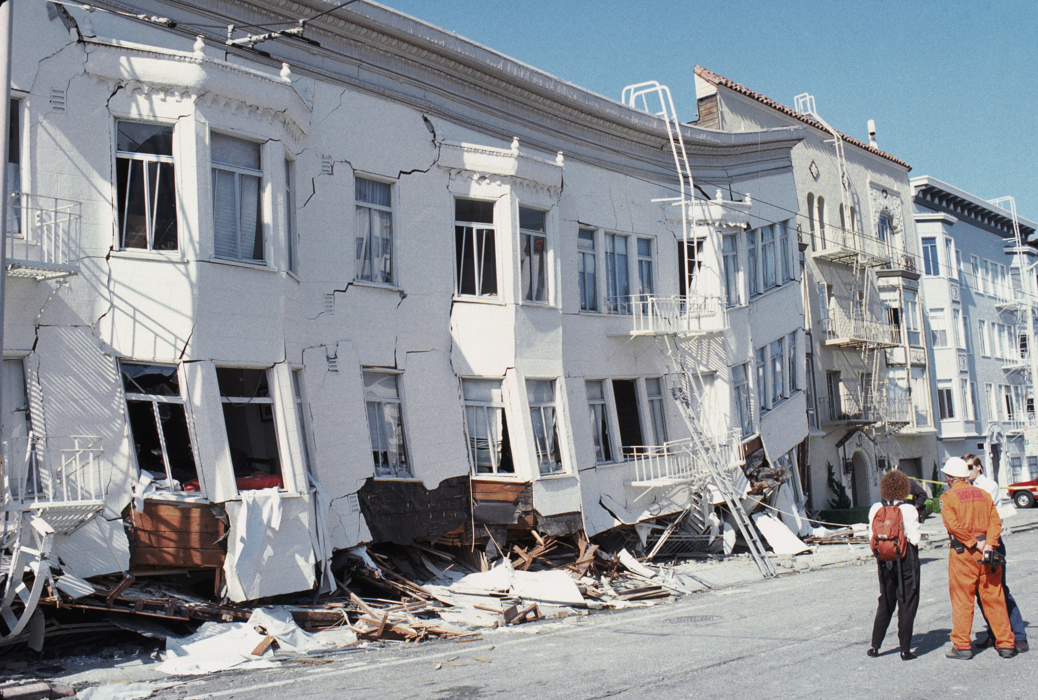 SAN FRANCISCO - OCTOBER 17:  General view of the Marina district disaster zone after an earthquake, measuring 7.1 on the richter scale, rocks game three of the World Series between the Oakland A's and San Francisco Giants at Candlestick Park on October 17