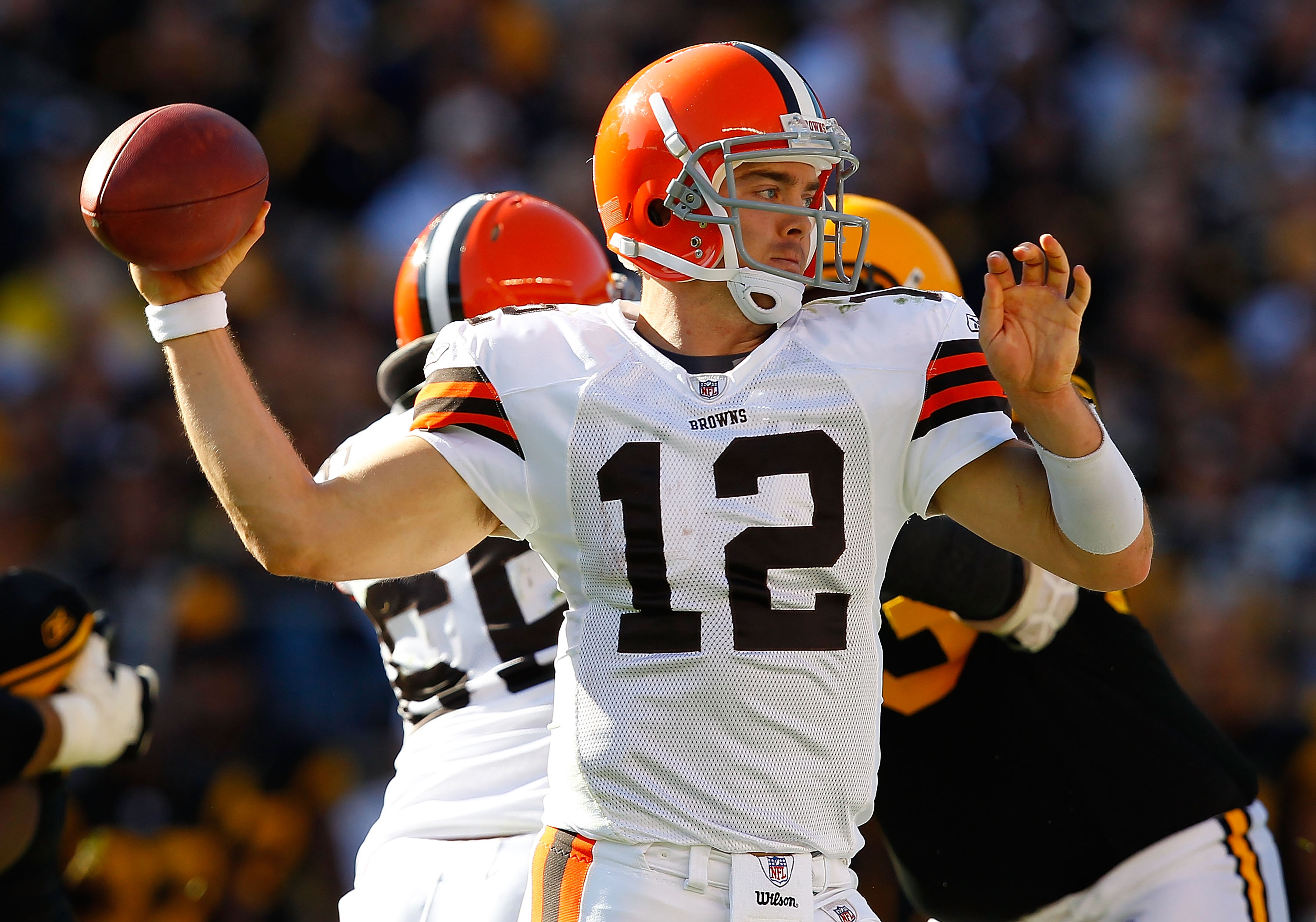 PITTSBURGH - OCTOBER 17:  Colt McCoy #12 of the Cleveland Browns makes a pass against the Pittsburgh Steelers during the game on October 17, 2010 at Heinz Field in Pittsburgh, Pennsylvania.  (Photo by Jared Wickerham/Getty Images)