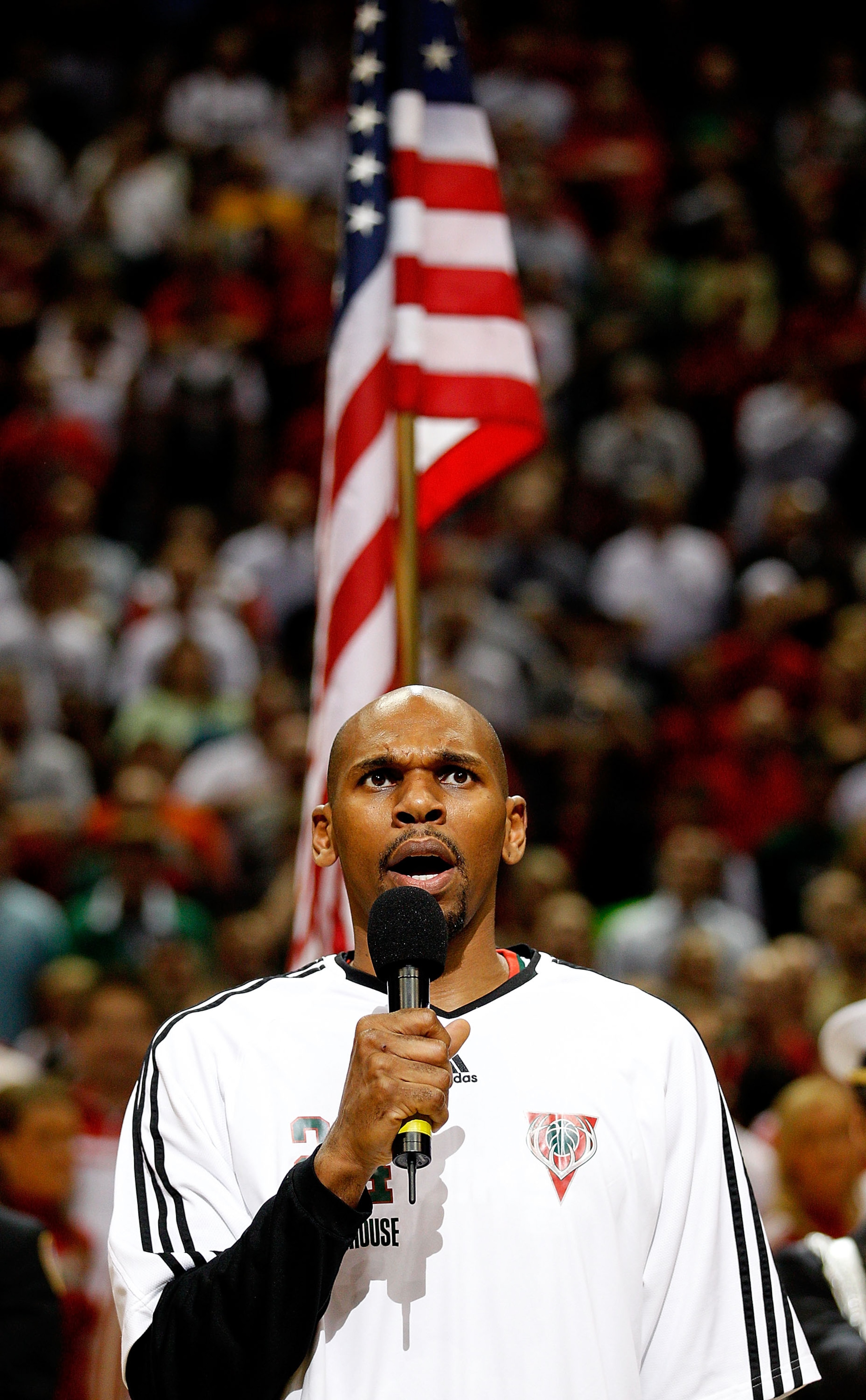 MILWAUKEE - APRIL 30: Jerry Stackhouse #24 of the Milwaukee Bucks sings the National Anthem before the Bucks take on the Atlanta Hawks in Game Six of the Eastern Conference Quarterfinals during the 2010 NBA Playoffs at the Bradley Center on April 30, 2010 MILWAUKEE - APRIL 30: Jerry Stackhouse #24 of the Milwaukee Bucks sings the National Anthem before the Bucks take on the Atlanta Hawks in Game Six of the Eastern Conference Quarterfinals during the 2010 NBA Playoffs at the Bradley Center on April 30, 2010