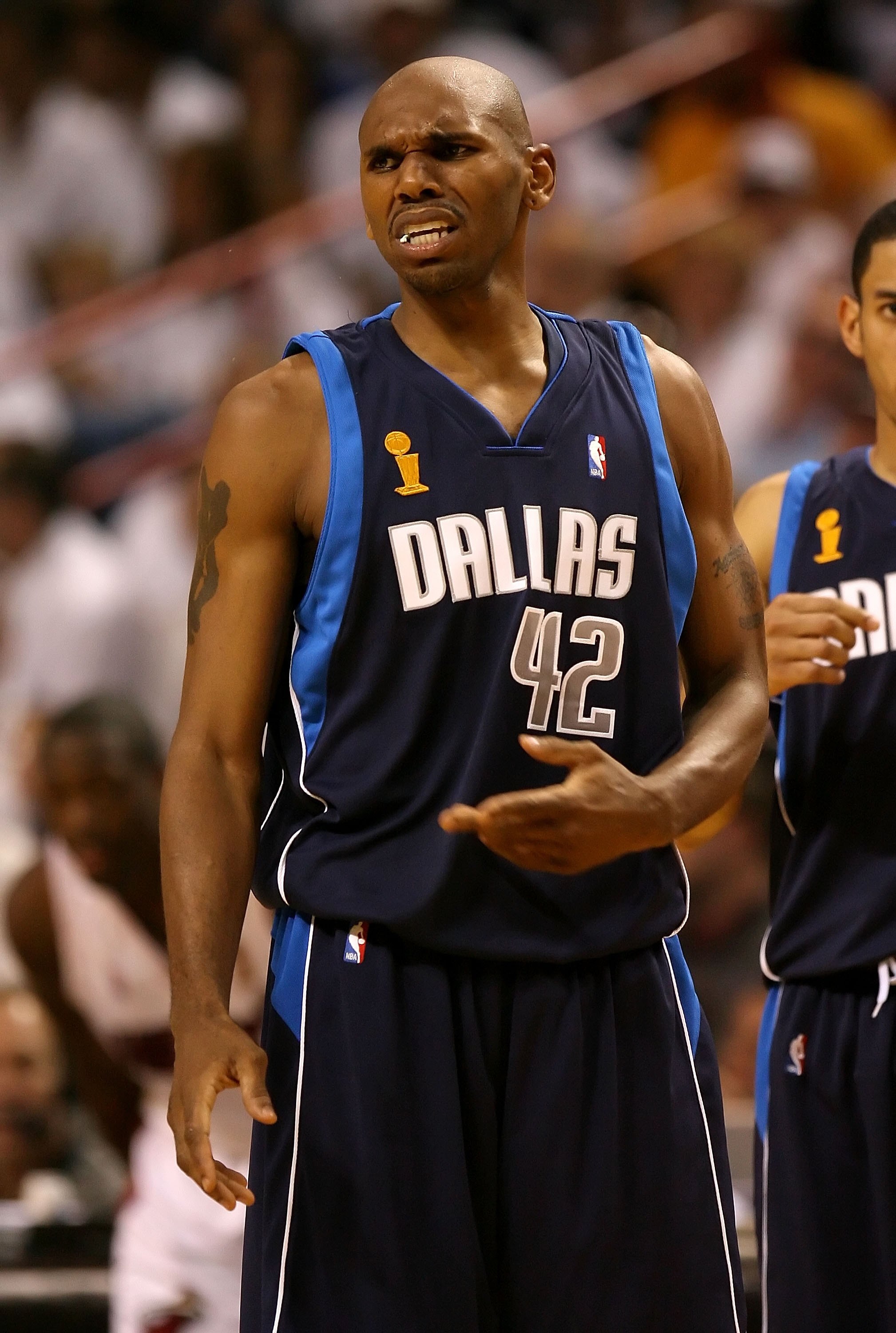 MIAMI - JUNE 13:  Jerry Stackhouse #42 of the Dallas Mavericks reacts in the second quarter of game three of the 2006 NBA Finals against the Miami Heat on June 13, 2006 at American Airlines Arena in Miami, Florida.  NOTE TO USER: User expressly acknowledg
