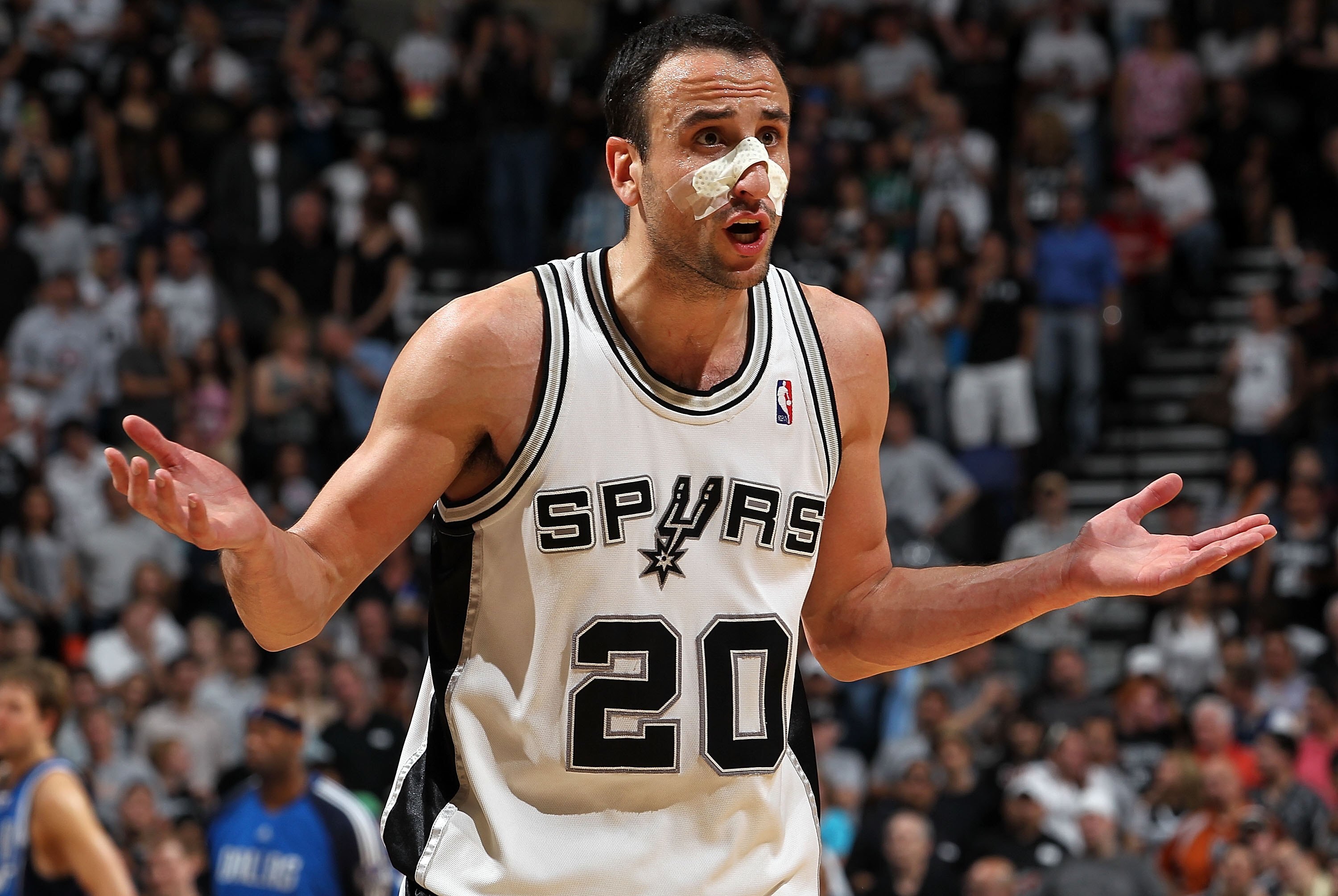 SAN ANTONIO - APRIL 25:  Manu Ginobili #20 of the San Antonio Spurs in Game Four of the Western Conference Quarterfinals during the 2010 NBA Playoffs at AT&T Center on April 25, 2010 in San Antonio, Texas. NOTE TO USER: User expressly acknowledges and agr