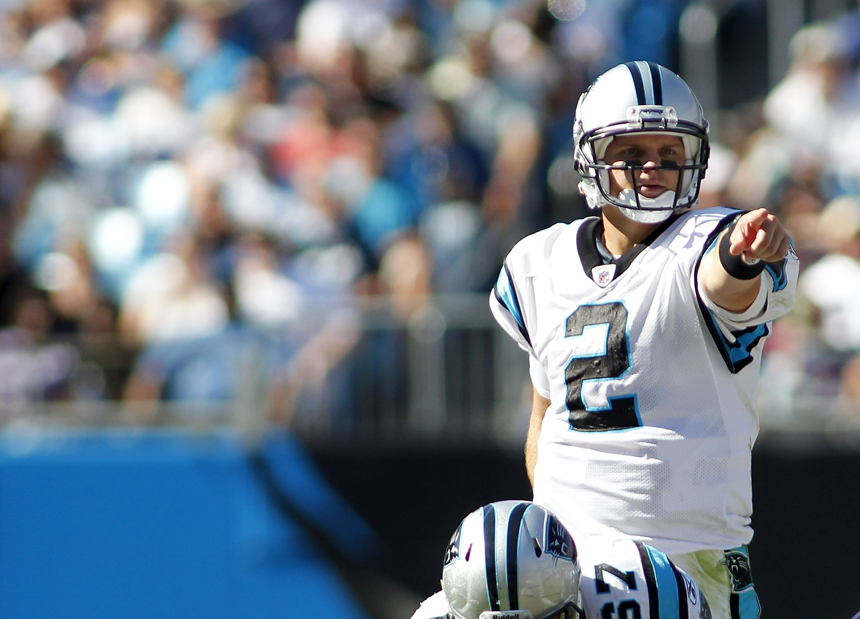 CHARLOTTE, NC - OCTOBER 10: Quarterback Jimmy Clausen #2 of the Carolina Panthers signals against the Chicago Bears at Bank of America Stadium on October 10, 2010 in Charlotte, North Carolina.  (Photo by Geoff Burke/Getty Images)