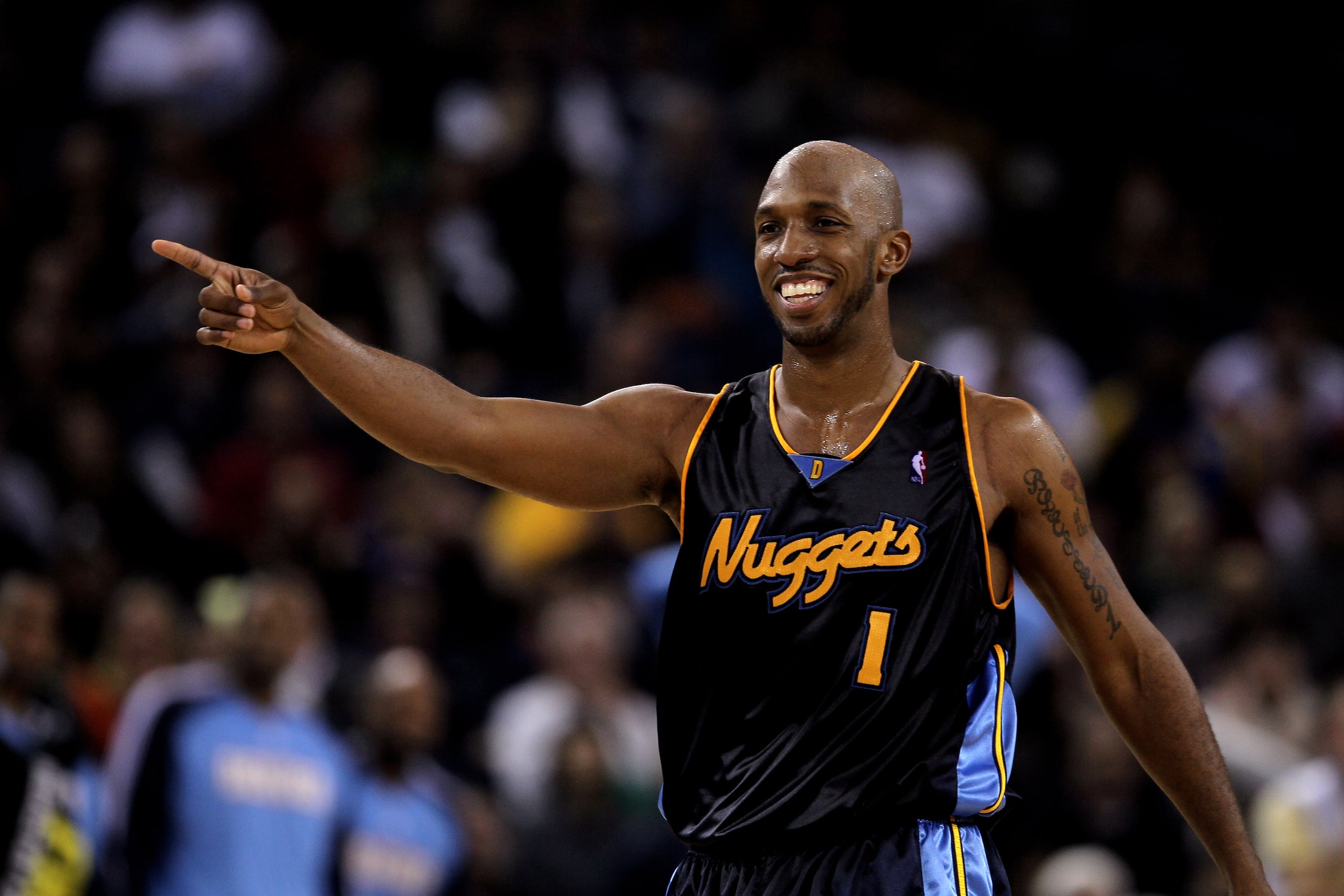 OAKLAND, CA - JANUARY 20:  Chauncey Billups #1 of the Denver Nuggets reacts after a play during their game against the Golden State Warriors at Oracle Arena on January 20, 2010 in Oakland, California.  NOTE TO USER: User expressly acknowledges and agrees
