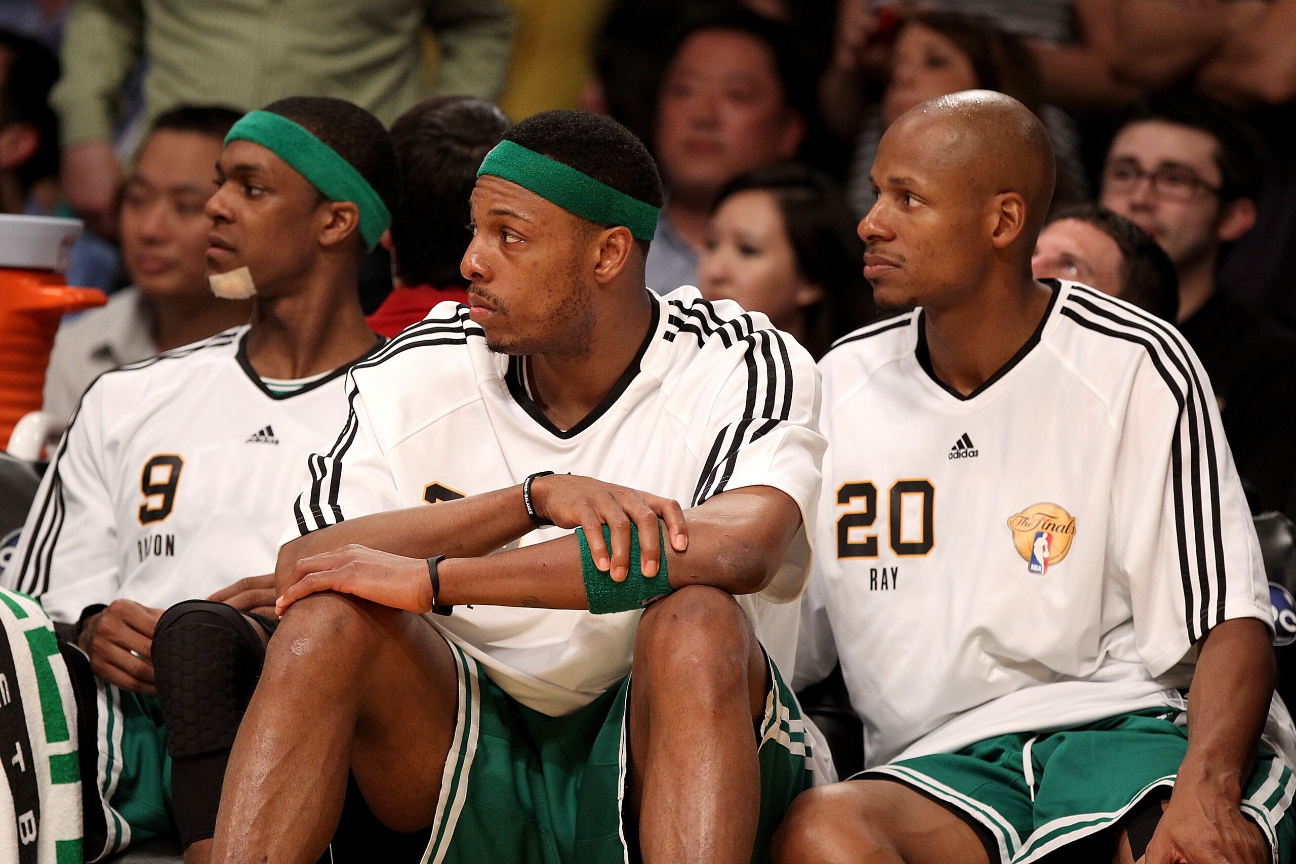 LOS ANGELES, CA - JUNE 15:  (L-R) Rajon Rondo #9, Paul Pierce #34 and Ray Allen #20 of the Boston Celtics sit on the bench during the Celtics' loss to the Los Angeles Lakers in Game Six of the 2010 NBA Finals at Staples Center on June 15, 2010 in Los Ange