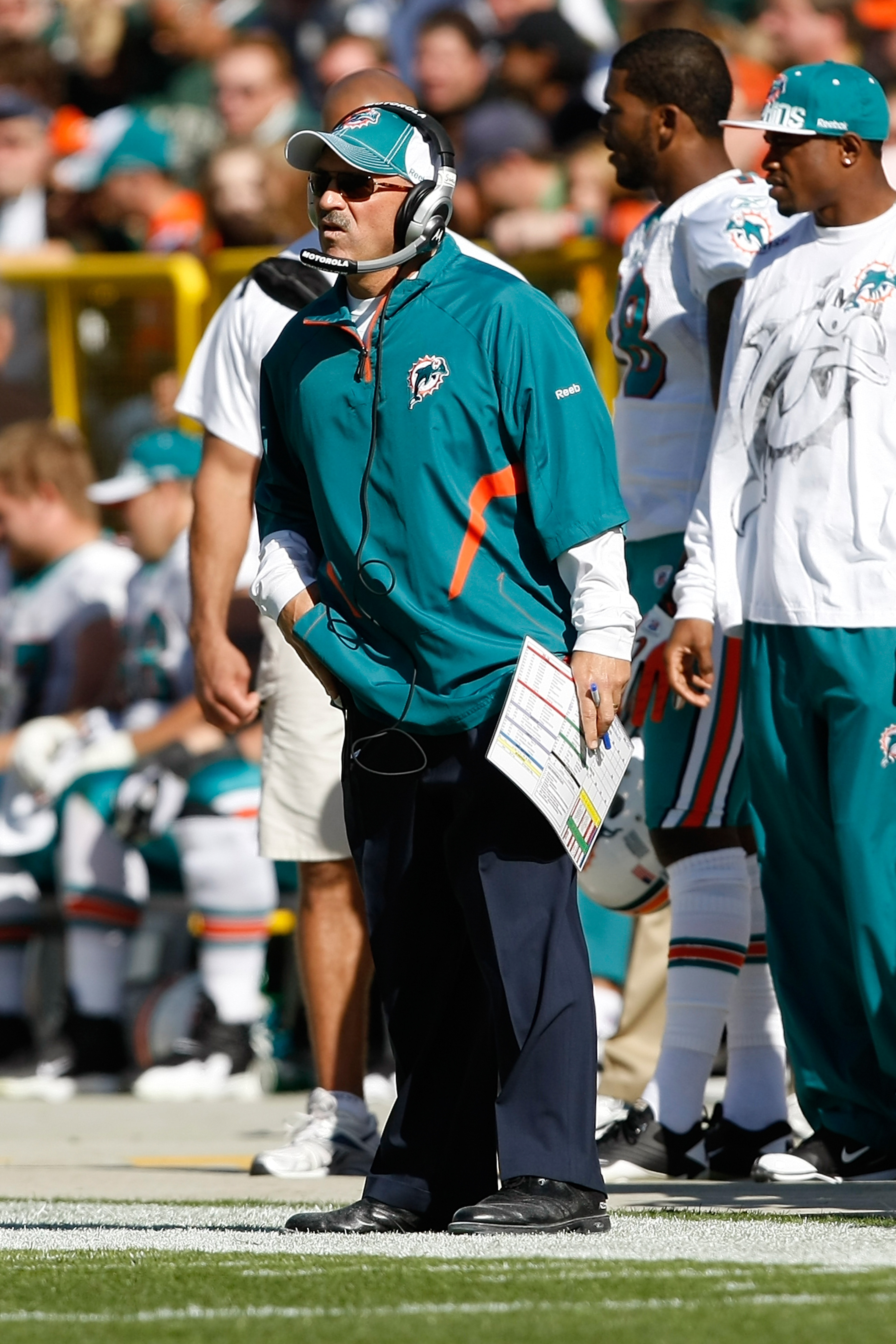 GREEN BAY, WI - OCTOBER 17: Tony Sparano of the Miami Dolphins looks on against the Green Bay Packers at Lambeau Field on October 17, 2010 in Green Bay, Wisconsin. (Photo by Scott Boehm/Getty Images)