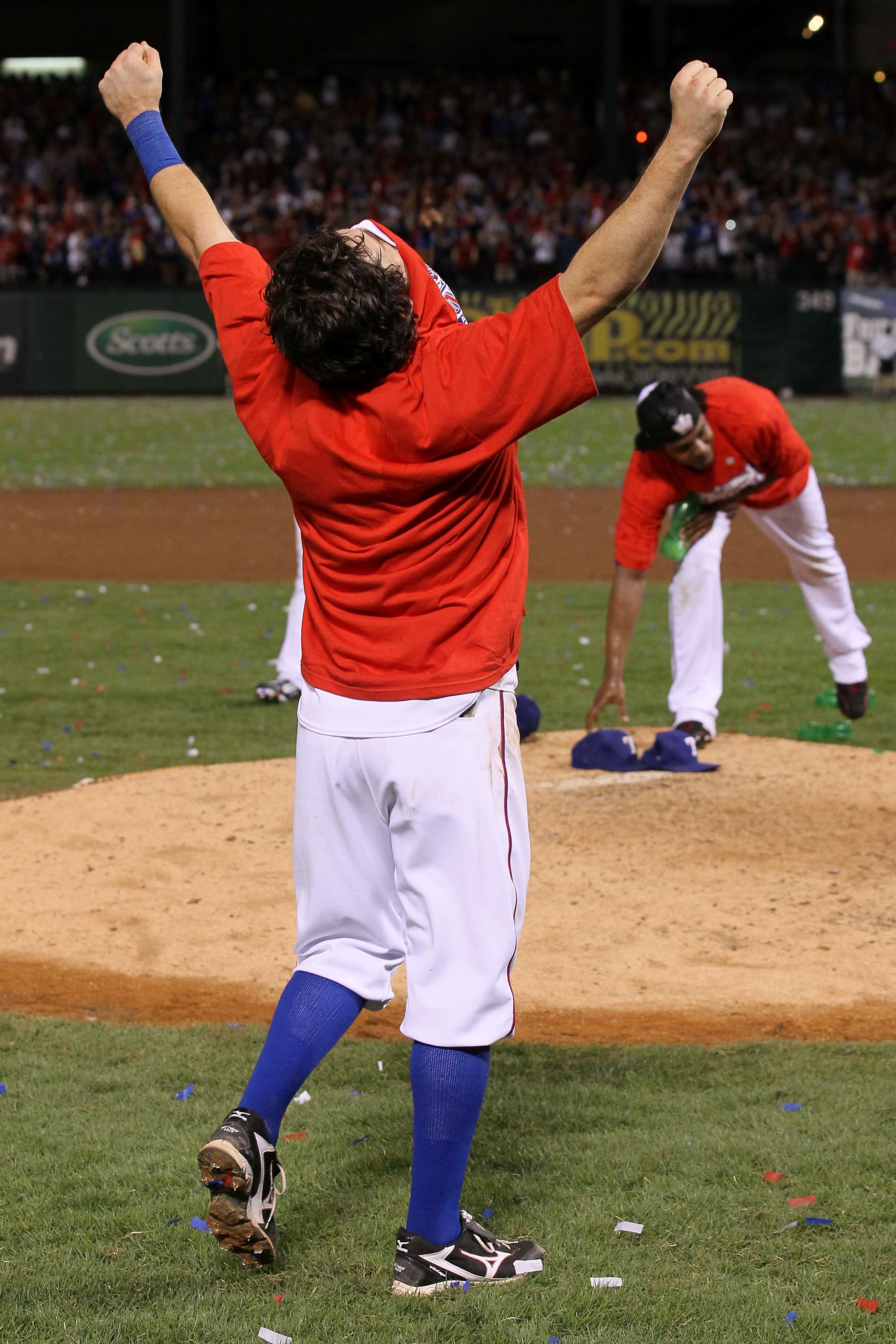 ARLINGTON, TX - OCTOBER 22:  Ian Kinsler #5 of the Texas Rangers celebrates after defeating the New York Yankees 6-1 in Game Six of the ALCS to advance to the World Series during the 2010 MLB Playoffs at Rangers Ballpark in Arlington on October 22, 2010 i