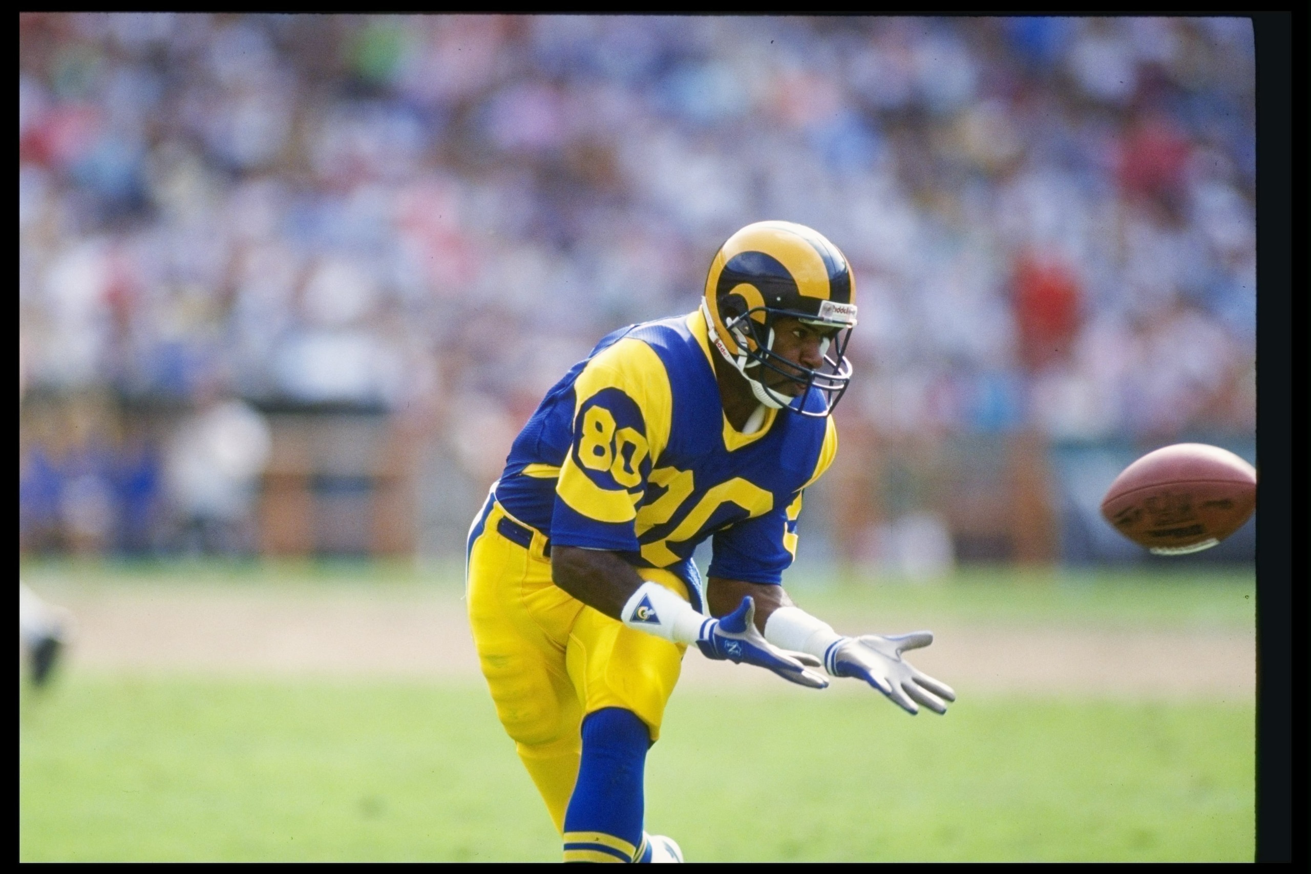 7 Oct 1990:  Wide receiver Henry Ellard of the Los Angeles Rams looks to catch the ball during a game against the Cincinnati Bengals at Anaheim Stadium in Anaheim, California.  The Bengals won the game, 34-31. Mandatory Credit: Rick Stewart  /Allsport