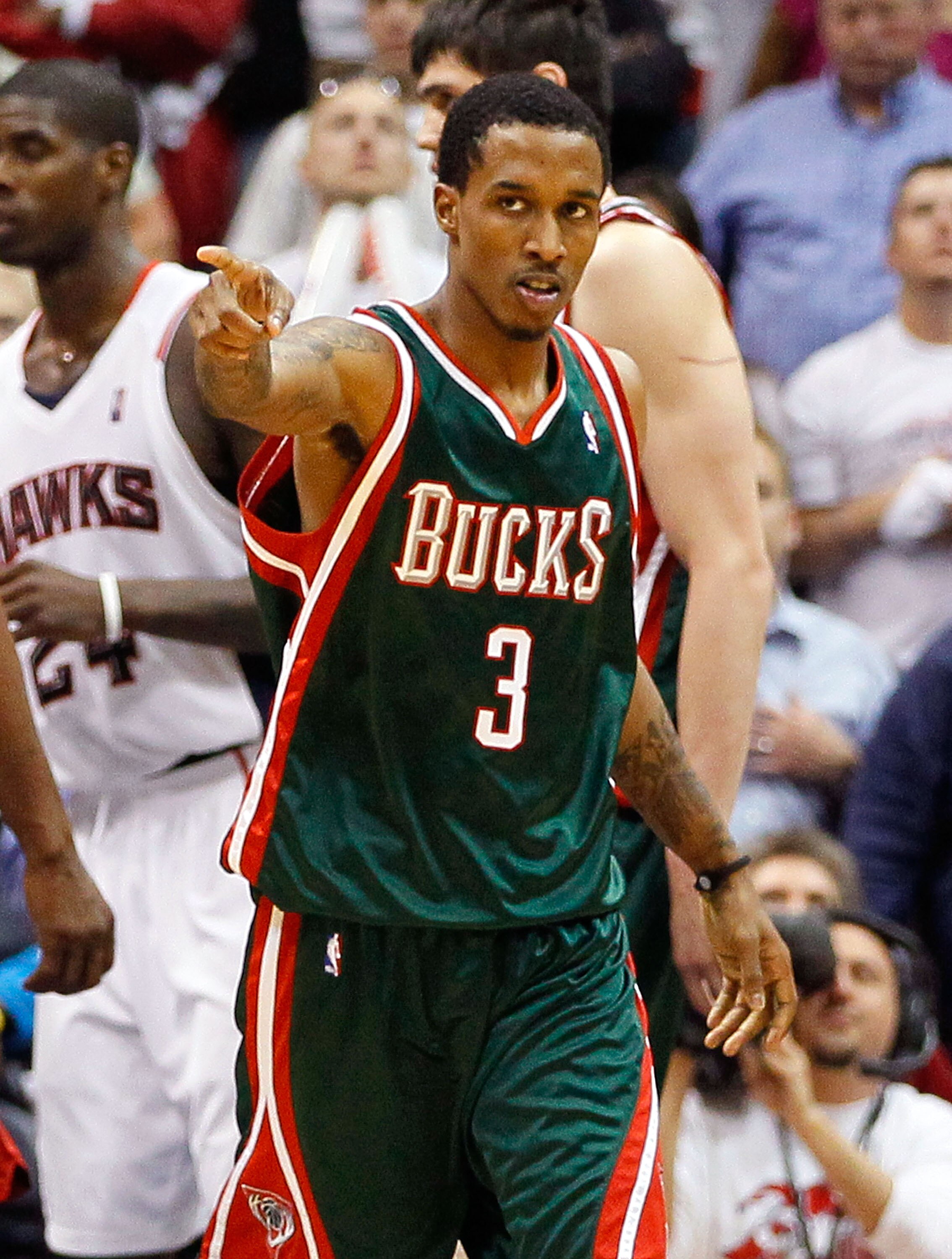 ATLANTA - APRIL 28:  Brandon Jennings #3 of the Milwaukee Bucks reacts after making a free throw against the Atlanta Hawks during Game Five of the Eastern Conference Quarterfinals of the 2010 NBA Playoffs at Philips Arena on April 28, 2010 in Atlanta, Geo