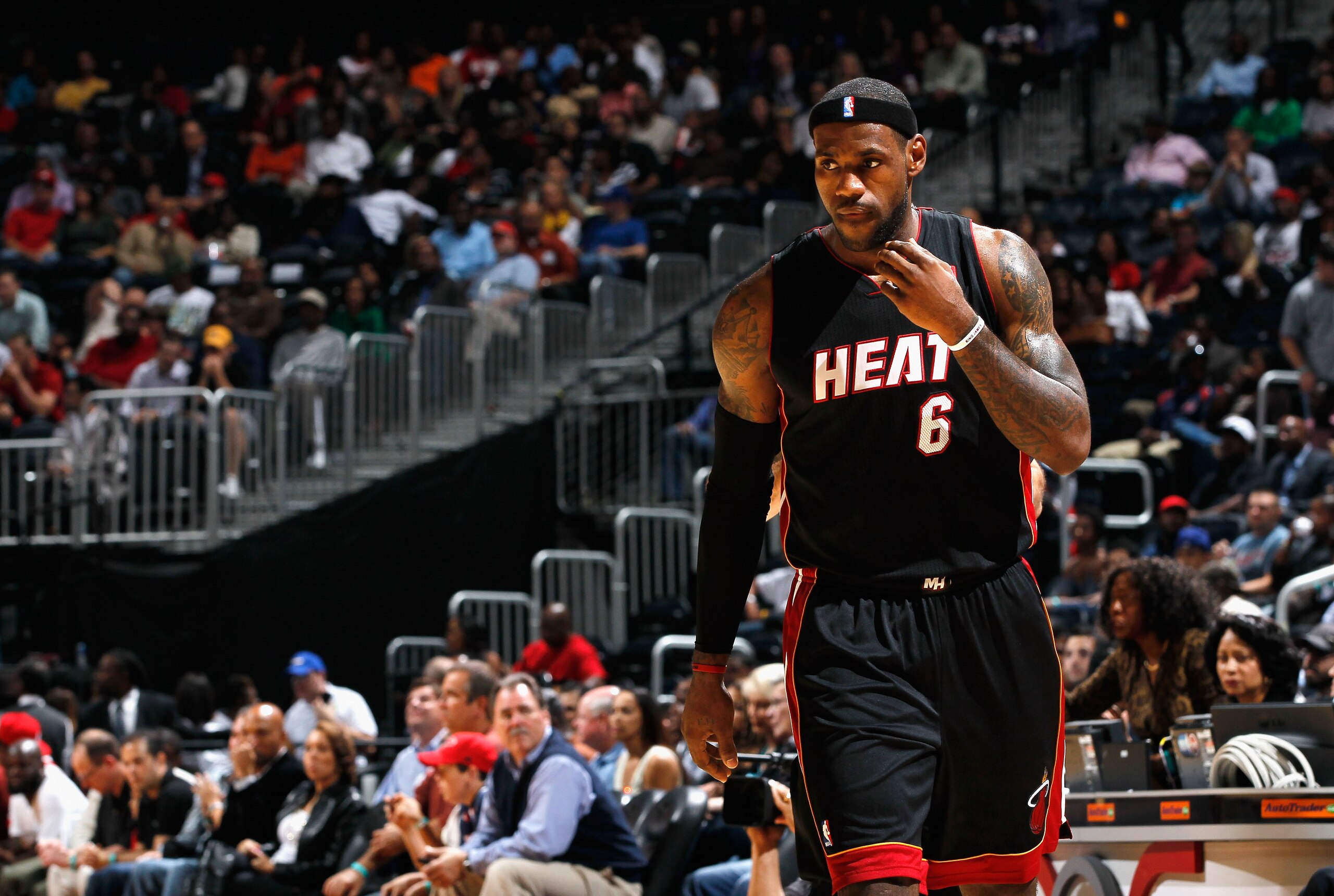 ATLANTA - OCTOBER 21:  LeBron James #6 of the Miami Heat walks up the court during the game against the Atlanta Hawks at Philips Arena on October 21, 2010 in Atlanta, Georgia.  (Photo by Kevin C. Cox/Getty Images)