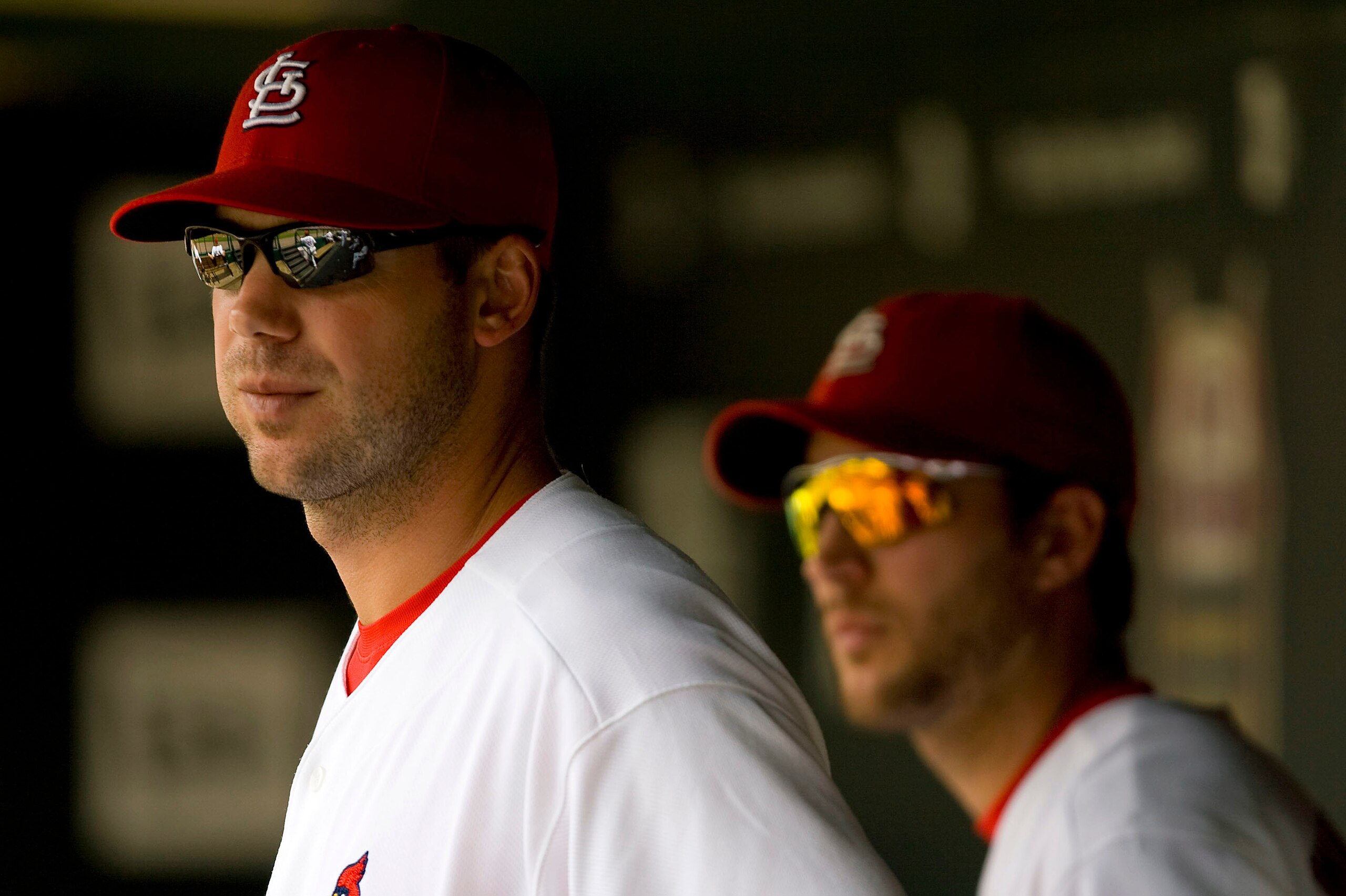ST. LOUIS, MO - AUGUST 7: Pitchers Chris Carpenter #29 and Adam Wainwright #50 both of the St. Louis Cardinals watch their team play the Los Angeles Dodgers at Busch Stadium August 7, 2008 in St. Louis, Missouri. The Dodgers beat the Cardinals 4-1. (Phot ST. LOUIS, MO - AUGUST 7: Pitchers Chris Carpenter #29 and Adam Wainwright #50 both of the St. Louis Cardinals watch their team play the Los Angeles Dodgers at Busch Stadium August 7, 2008 in St. Louis, Missouri. The Dodgers beat the Cardinals 4-1. (Phot