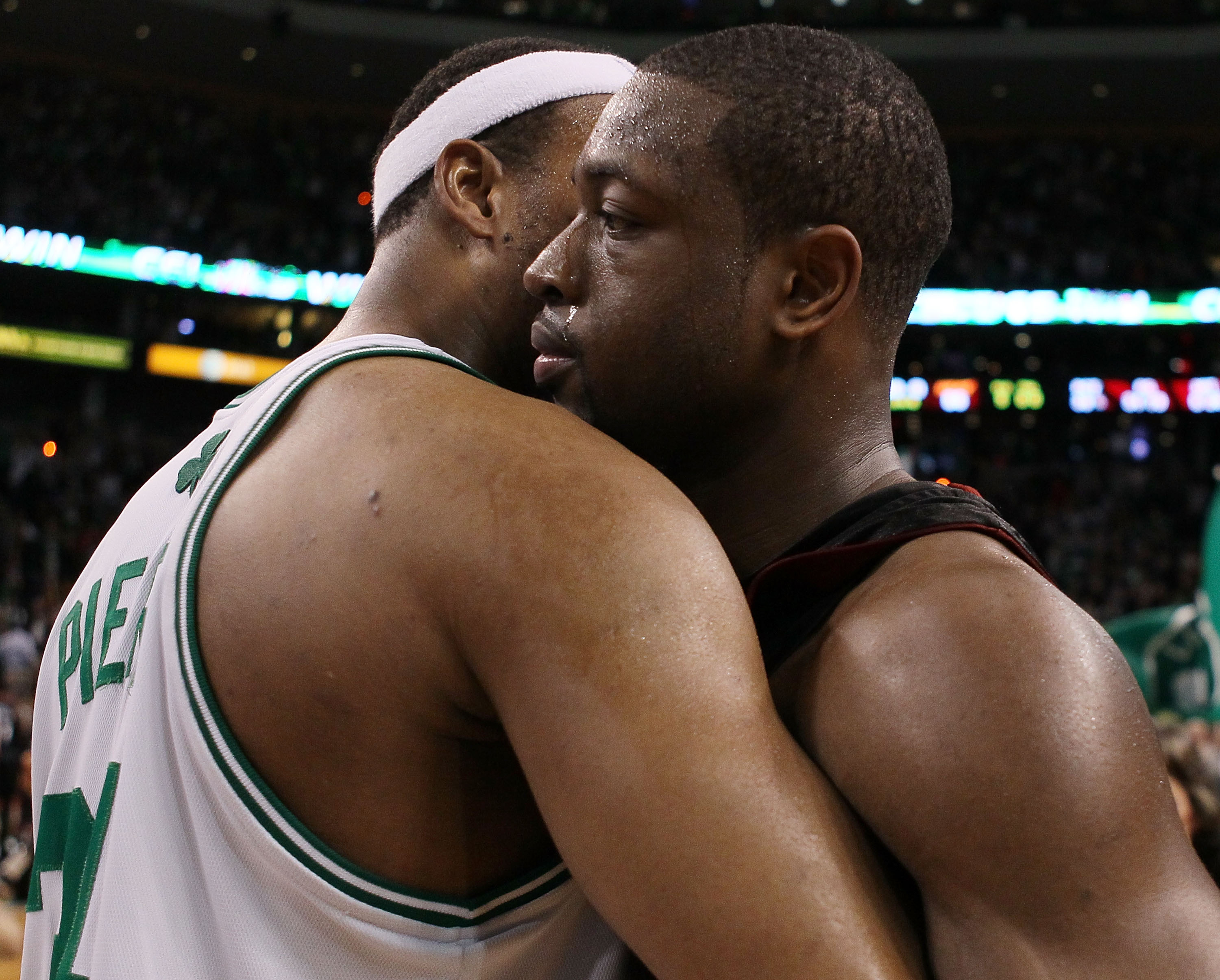 BOSTON - APRIL 27:  Dwyane Wade #3 of the Miami Heat congratulates Paul Pierce #34 of the Boston Celtics after Game Five of the Eastern Conference Quarterfinals of the 2010 NBA playoffs at the TD Garden on April 27, 2010 in Boston, Massachusetts. The Celt