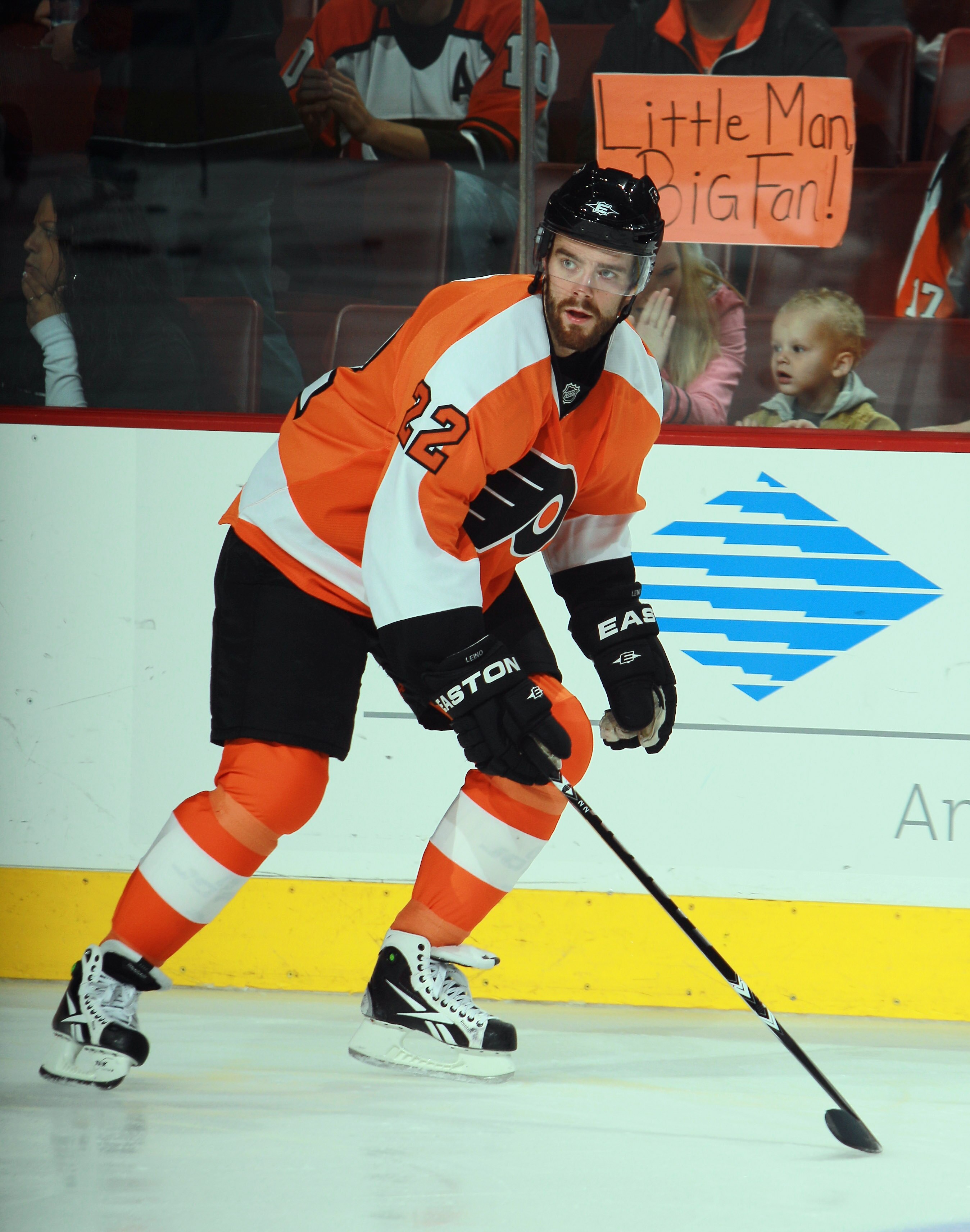 PHILADELPHIA - OCTOBER 14:  Ville Leino #22 of the Philadelphia Flyers skates against the Tampa Bay Lightning at the Wells Fargo Center on October 14, 2010 in Philadelphia, Pennsylvania.  (Photo by Bruce Bennett/Getty Images)