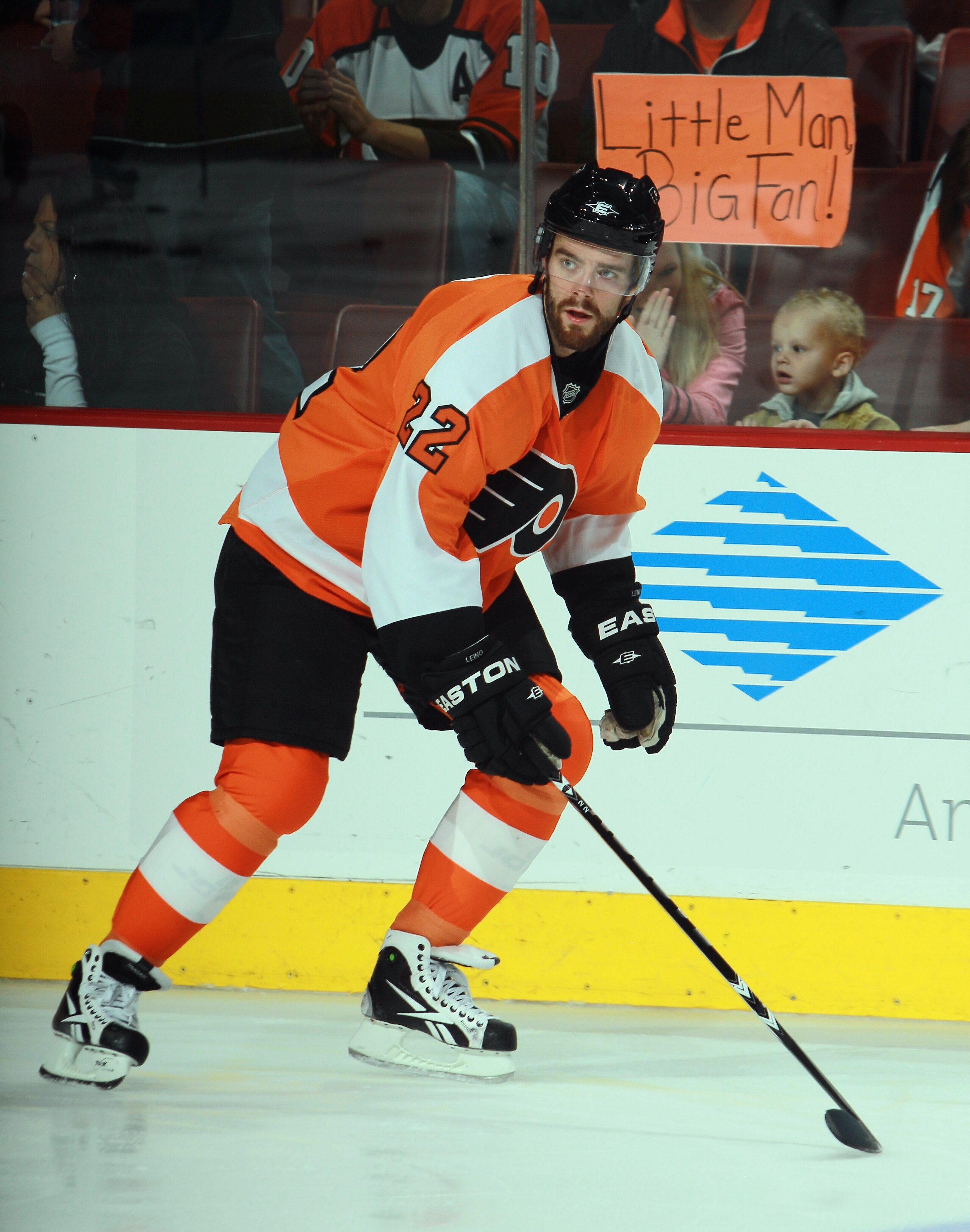 PHILADELPHIA - OCTOBER 14:  Ville Leino #22 of the Philadelphia Flyers skates against the Tampa Bay Lightning at the Wells Fargo Center on October 14, 2010 in Philadelphia, Pennsylvania.  (Photo by Bruce Bennett/Getty Images)