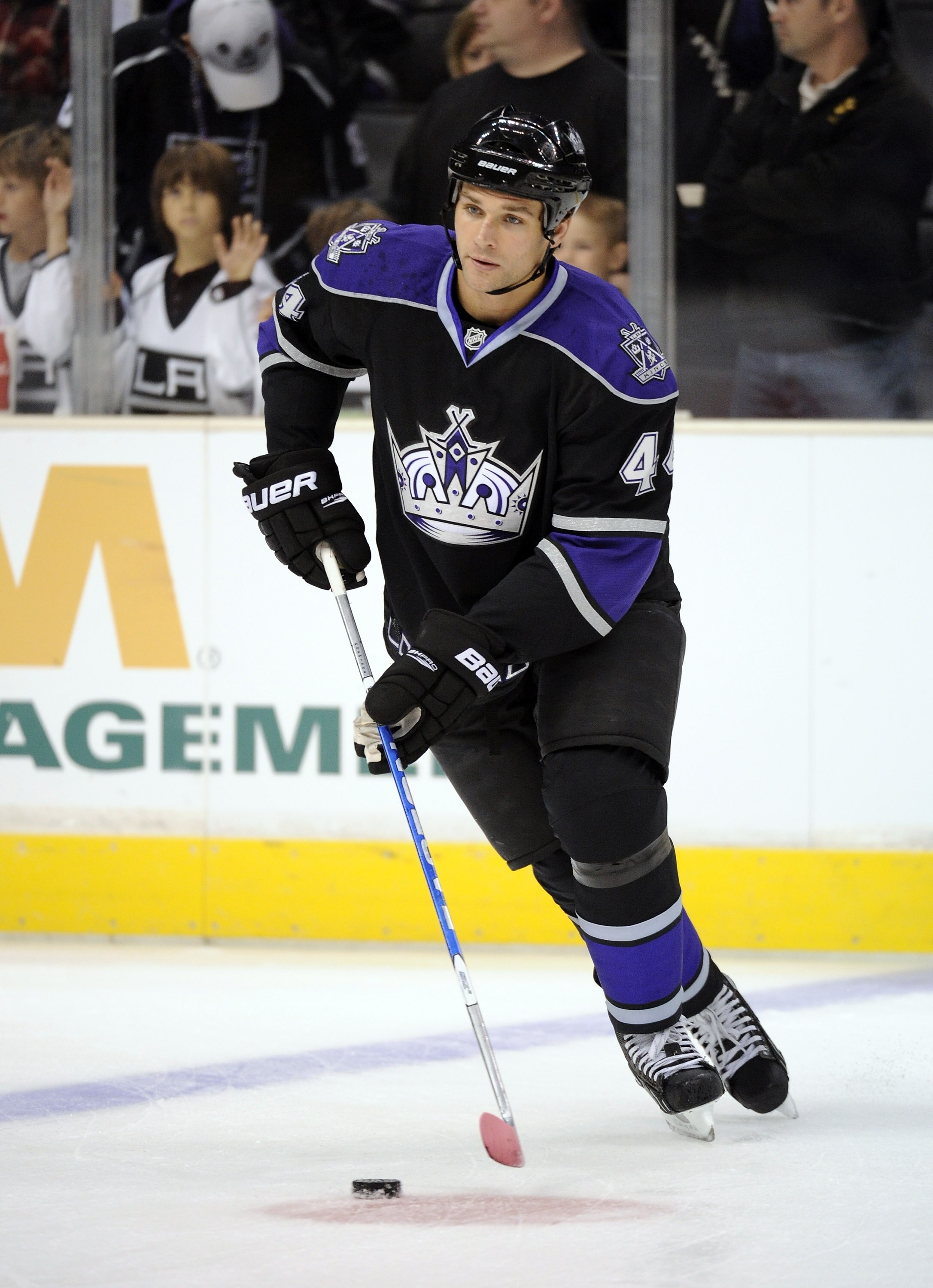 LOS ANGELES, CA - OCTOBER 15:  Davis Drewiske #44 of the Los Angeles Kings warms up against the Vancouver Canucks at the Staples Center on October 15, 2010 in Los Angeles, California.  (Photo by Harry How/Getty Images)