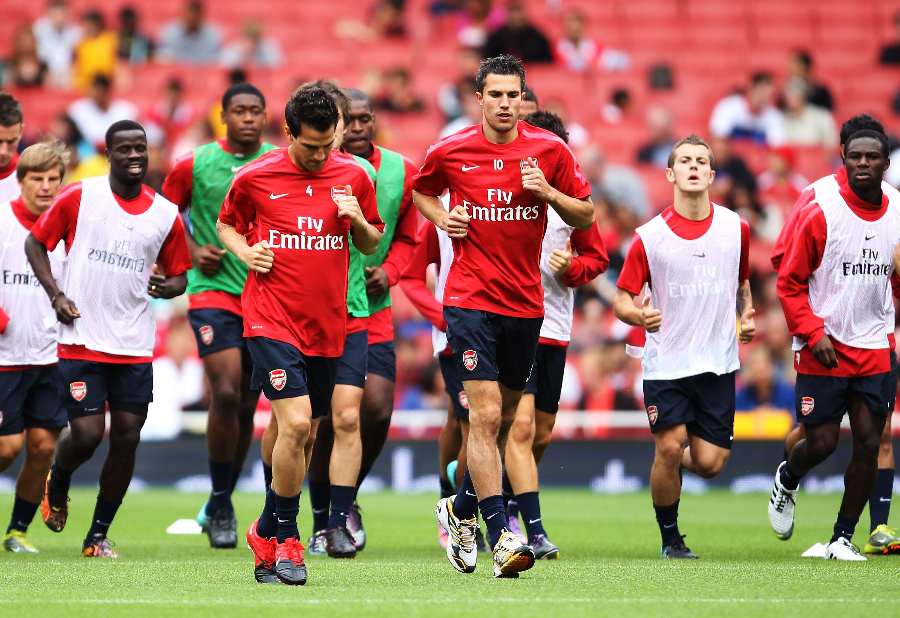 LONDON, ENGLAND - AUGUST 05: Cesc Fabregas of Arsenal (L) trains with his teammate Robin Van Persie (10) during an Arsenal open training session at Emirates Stadium on August 5, 2010 in London, England. (Photo by Bryn Lennon/Getty Images) LONDON, ENGLAND - AUGUST 05: Cesc Fabregas of Arsenal (L) trains with his teammate Robin Van Persie (10) during an Arsenal open training session at Emirates Stadium on August 5, 2010 in London, England. (Photo by Bryn Lennon/Getty Images)