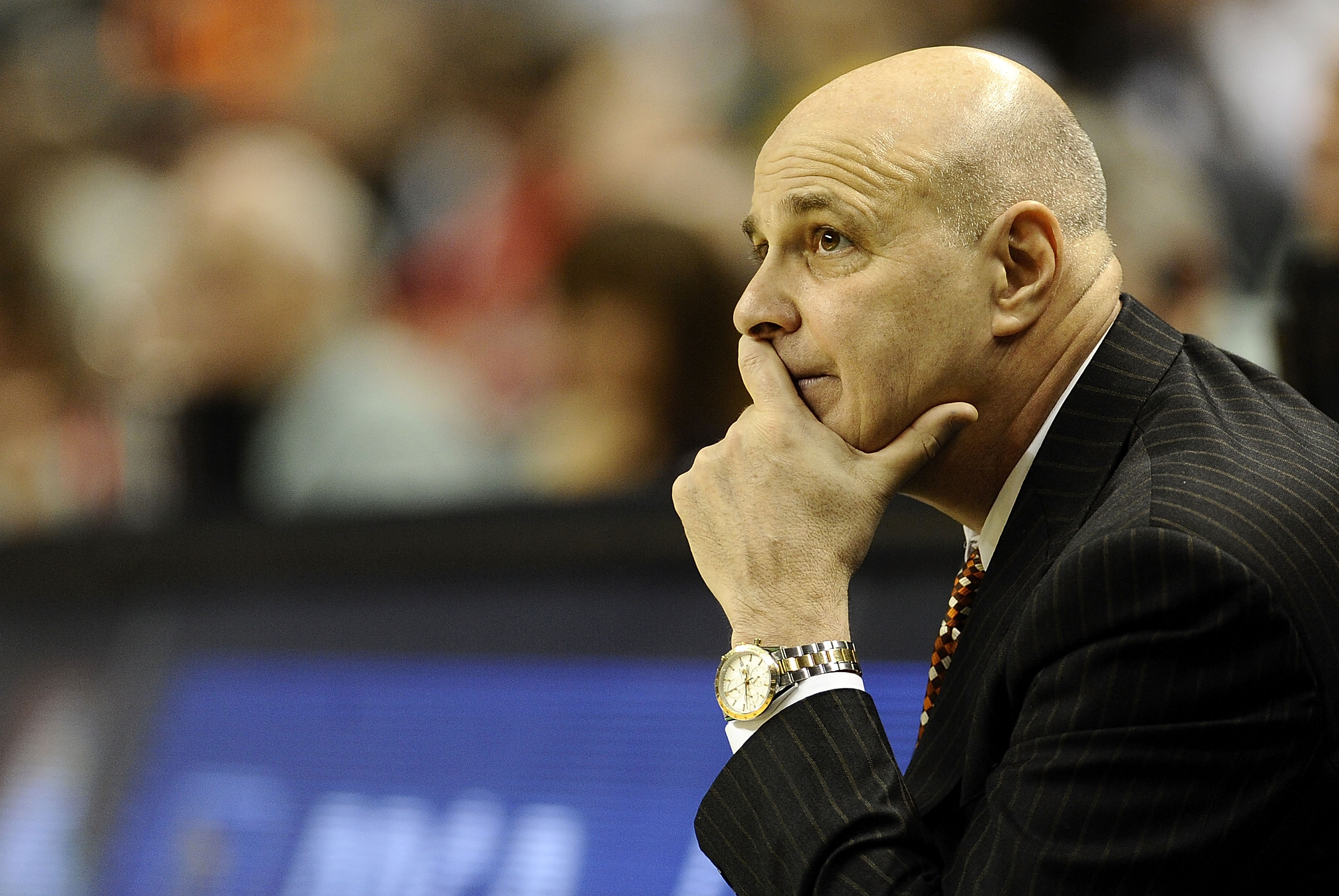GREENSBORO, NC - MARCH 12:  Seth Greenberg, head coach of the Virginia Tech Hokies on the sidelines against the University of Miami Hurricanes in their quarterfinal game in the 2010 ACC Men's Basketball Tournament at the Greensboro Coliseum on March 12, 2