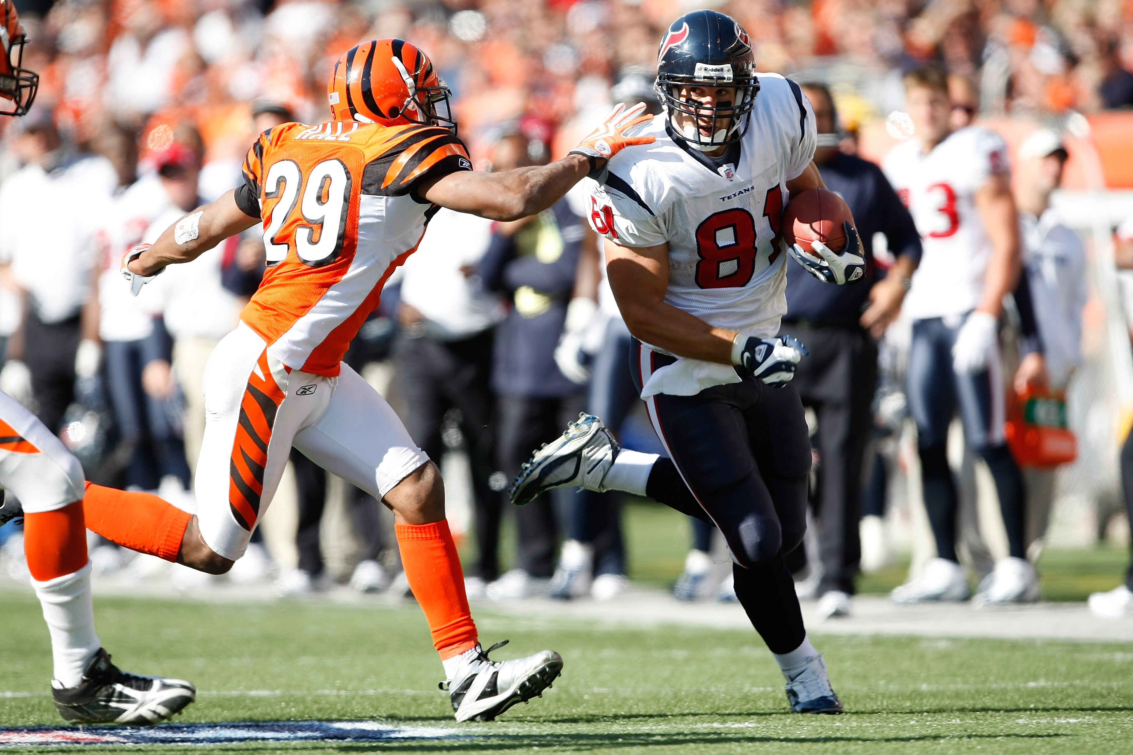 CINCINNATI, OH - OCTOBER 18: Tight end Owen Daniels #81 of the Houston Texans runs with the football as he is pursued by defensive end Leon Hall #29 of the Cincinnati Bengals at Paul Brown Stadium on October 18, 2009 in Cincinnati, Ohio. The Texans defeat