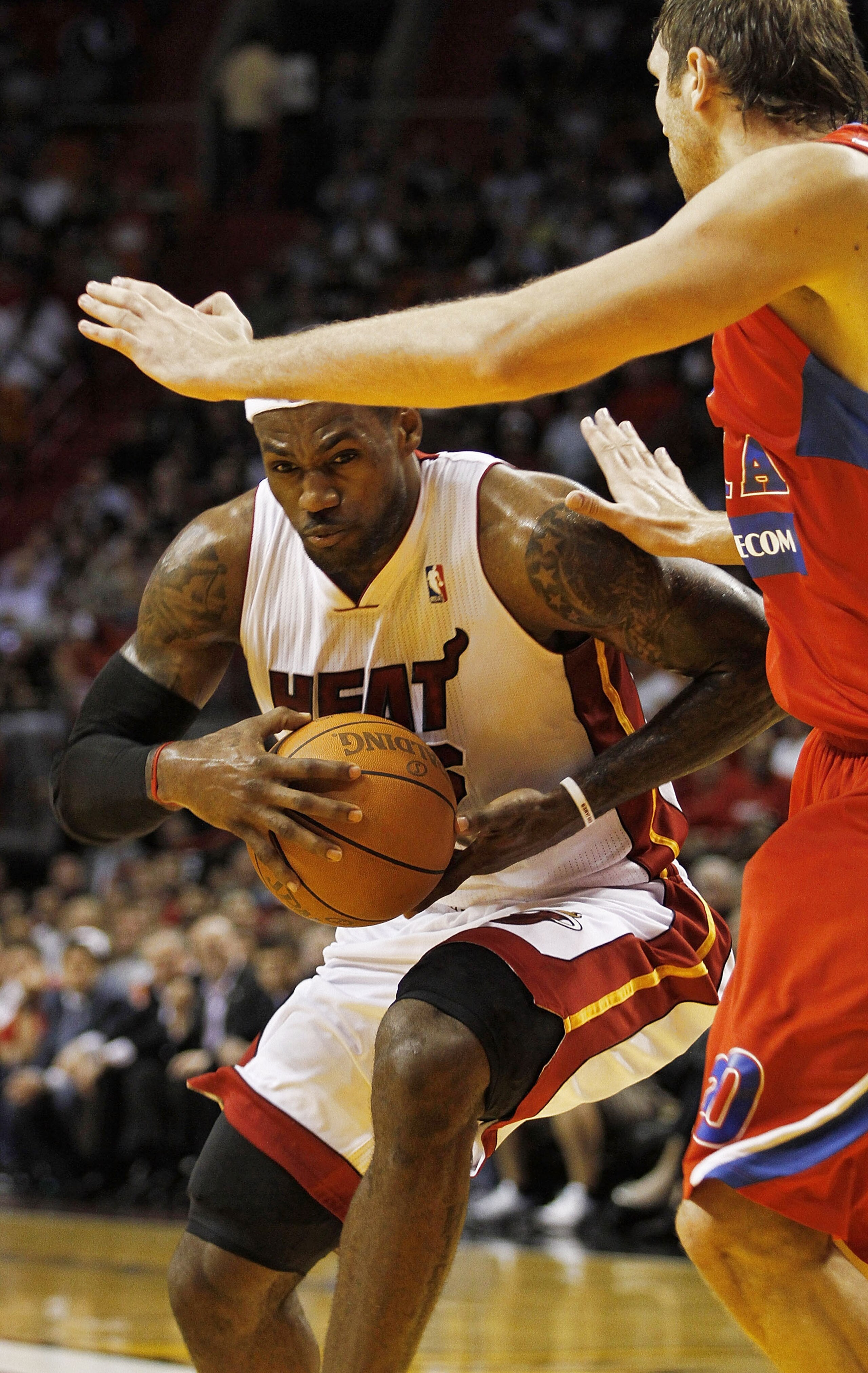 MIAMI - OCTOBER 12:  Forward LeBron James #6 drives against CSKA Moscow on October 12, 2010 in Miami, Florida.  Miami heat won 96-85 over CSKA Moscow.  NOTE TO USER: User expressly acknowledges and agrees that, by downloading and or using this photograph,