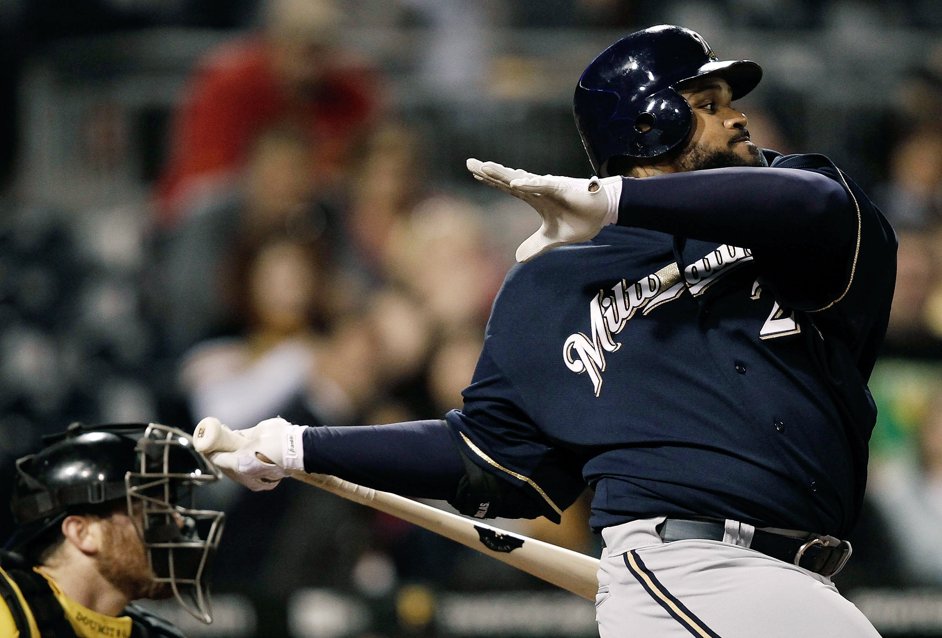 PITTSBURGH - APRIL 20:  Prince Fielder #28 of the Milwaukee Brewers at bat against the Pittsburgh Pirates during the game on April 20, 2010 at PNC Park in Pittsburgh, Pennsylvania.  (Photo by Jared Wickerham/Getty Images)