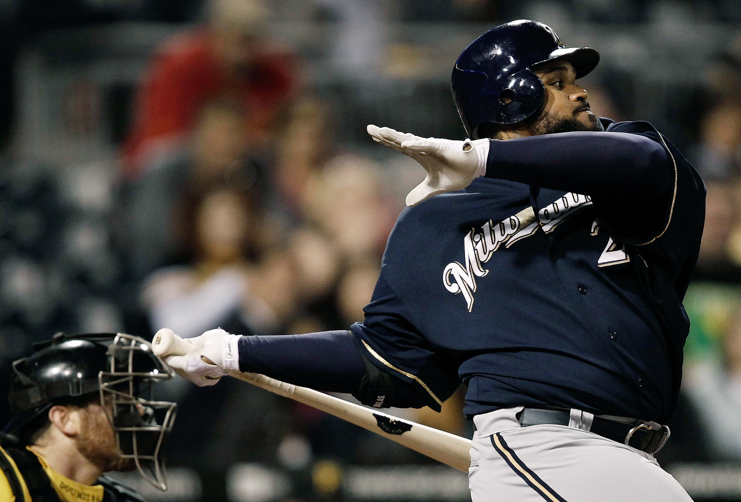 PITTSBURGH - APRIL 20:  Prince Fielder #28 of the Milwaukee Brewers at bat against the Pittsburgh Pirates during the game on April 20, 2010 at PNC Park in Pittsburgh, Pennsylvania.  (Photo by Jared Wickerham/Getty Images)