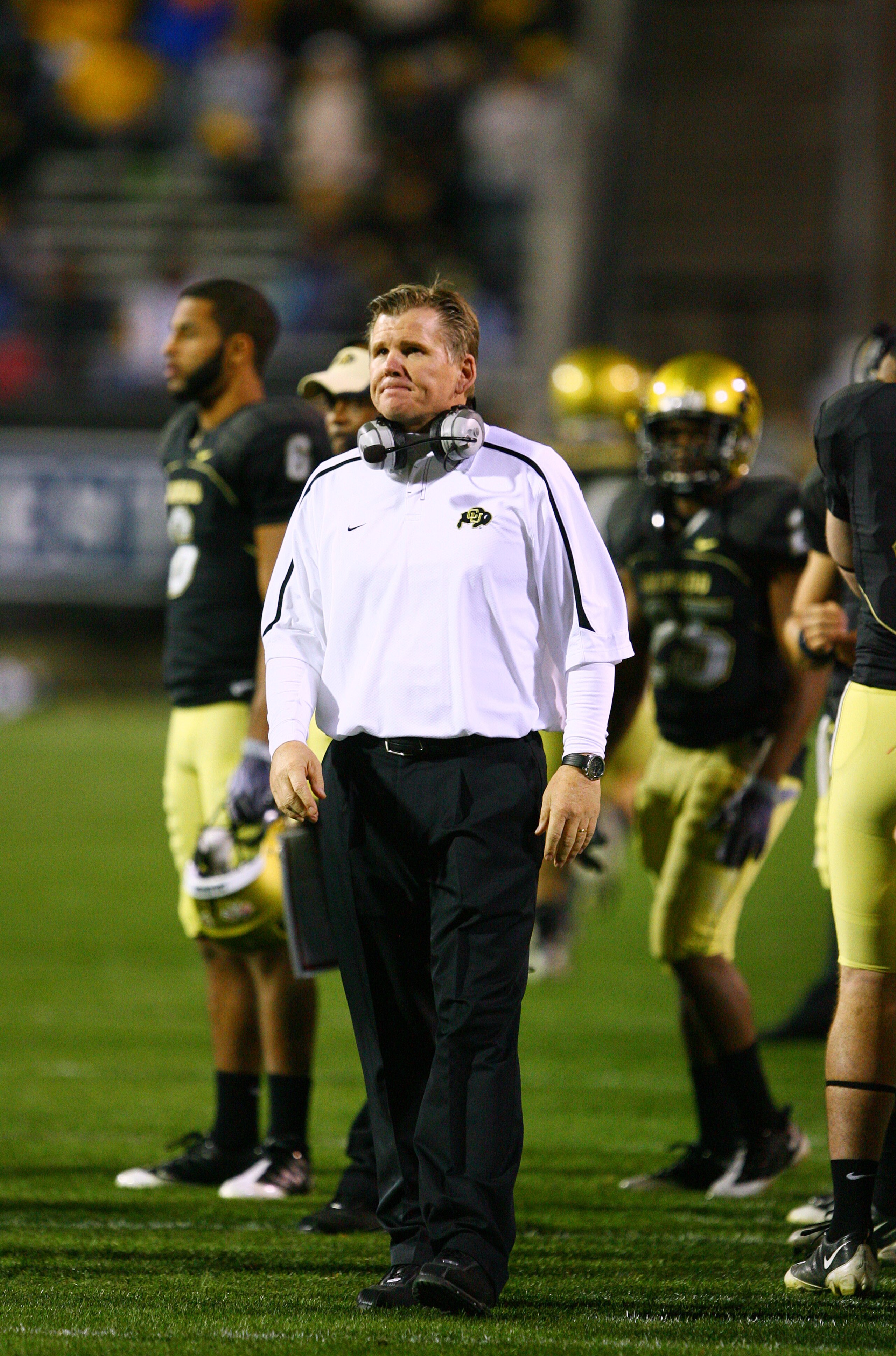 BOULDER, CO - OCTOBER 17: Head coach Dan Hawkins of the Colorado Buffaloes waits for an official ruling during the game against the Kansas Jayhawks at Folsom Field on October 17, 2009 in Boulder, Colorado. (Photo by Garrett W. Ellwood/Getty Images)