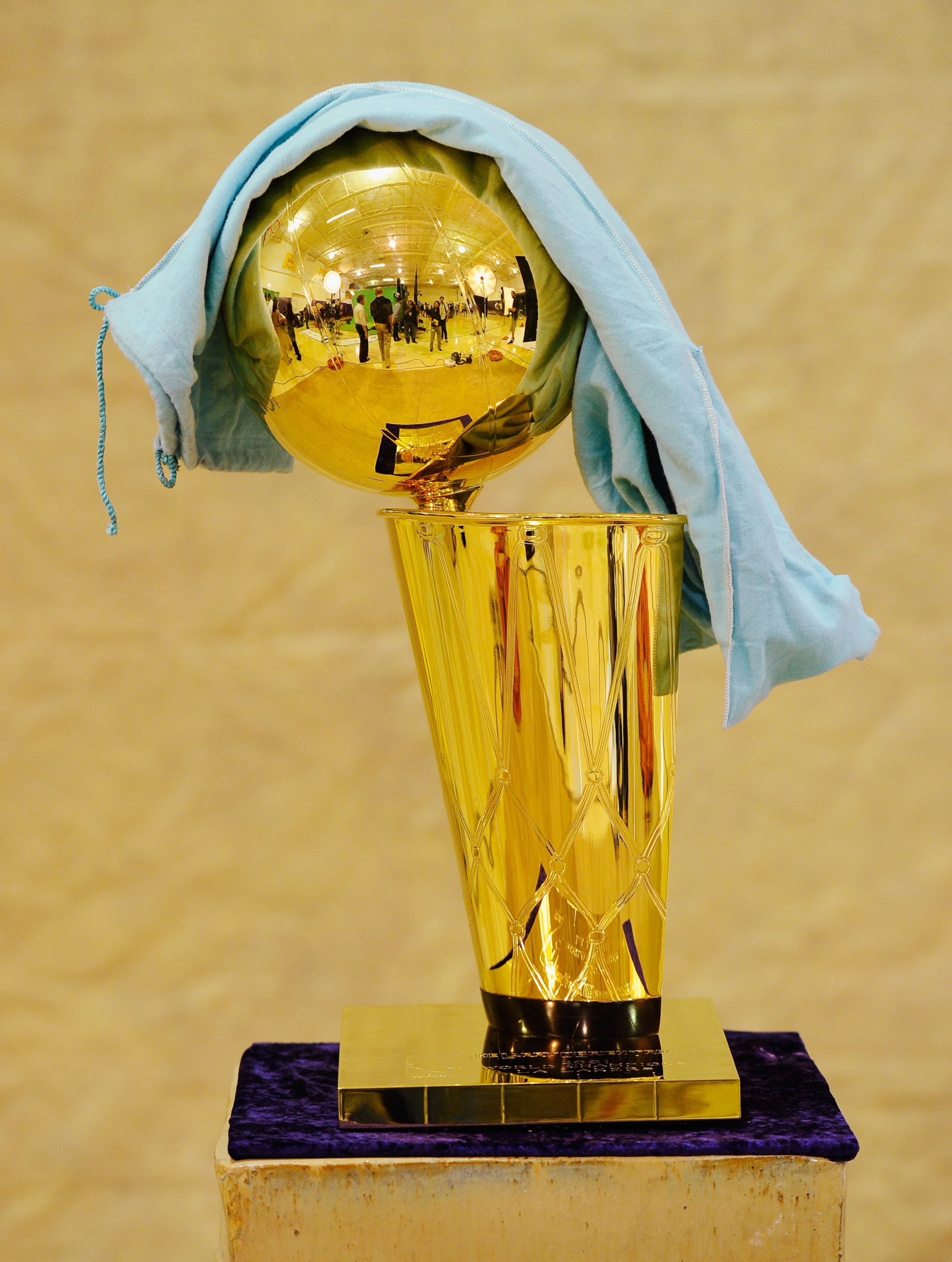 EL SEGUNDO, CA - SEPTEMBER 25:  NBA Finals Larry O'Brien Championship Trophy is covered with a protective cloth as it rest on a stand during the Los Angeles Lakers Media Day at the Toyota Center on September 25, 2010 in El Segundo, California. NOTE TO USE