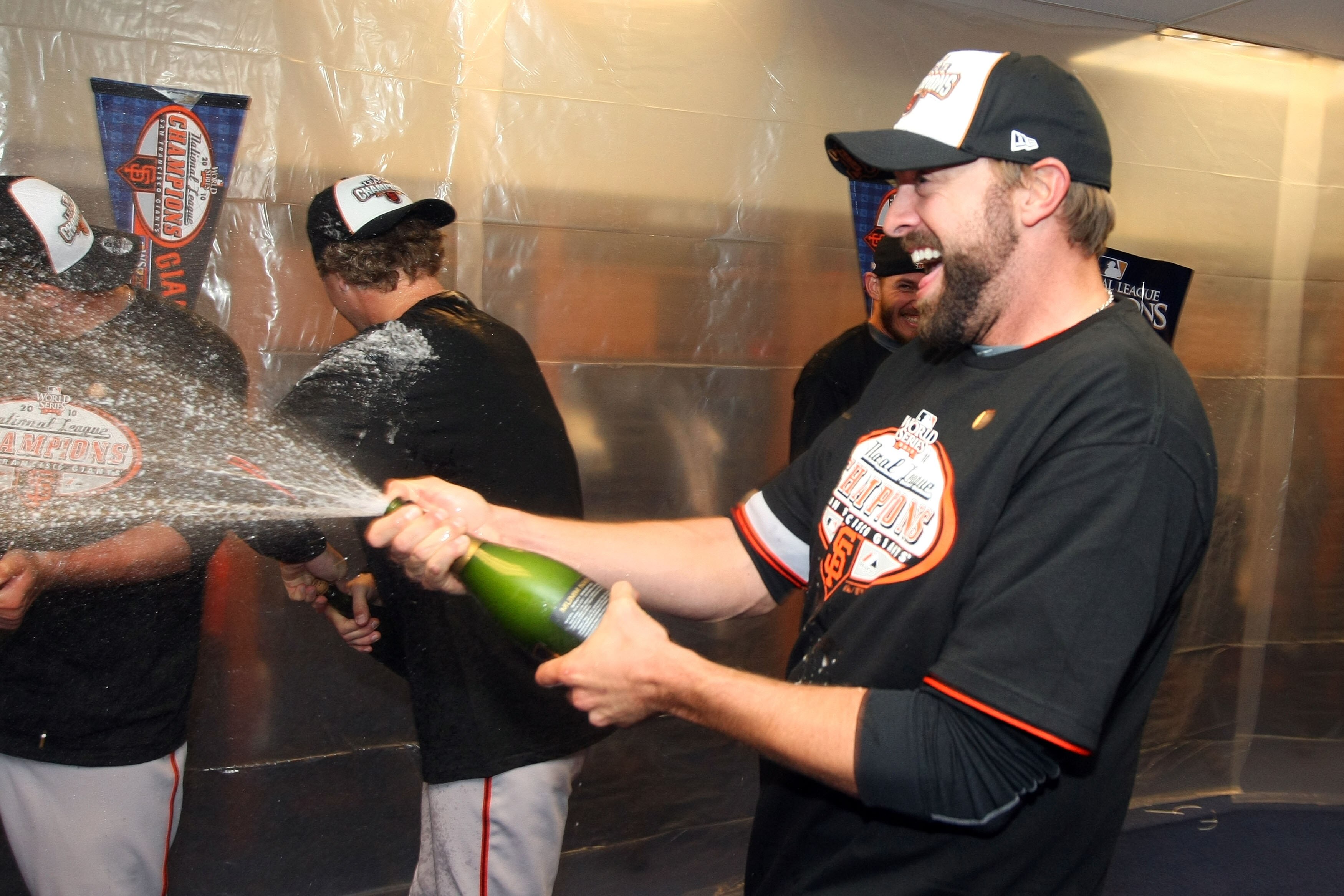 PHILADELPHIA - OCTOBER 23:  Jeremy Affeldt #41 of the San Francisco Giants celebrates after defeating the Philadelphia Phillies 3-2 and winning the pennant in Game Six of the NLCS during the 2010 MLB Playoffs at Citizens Bank Park on October 23, 2010 in P