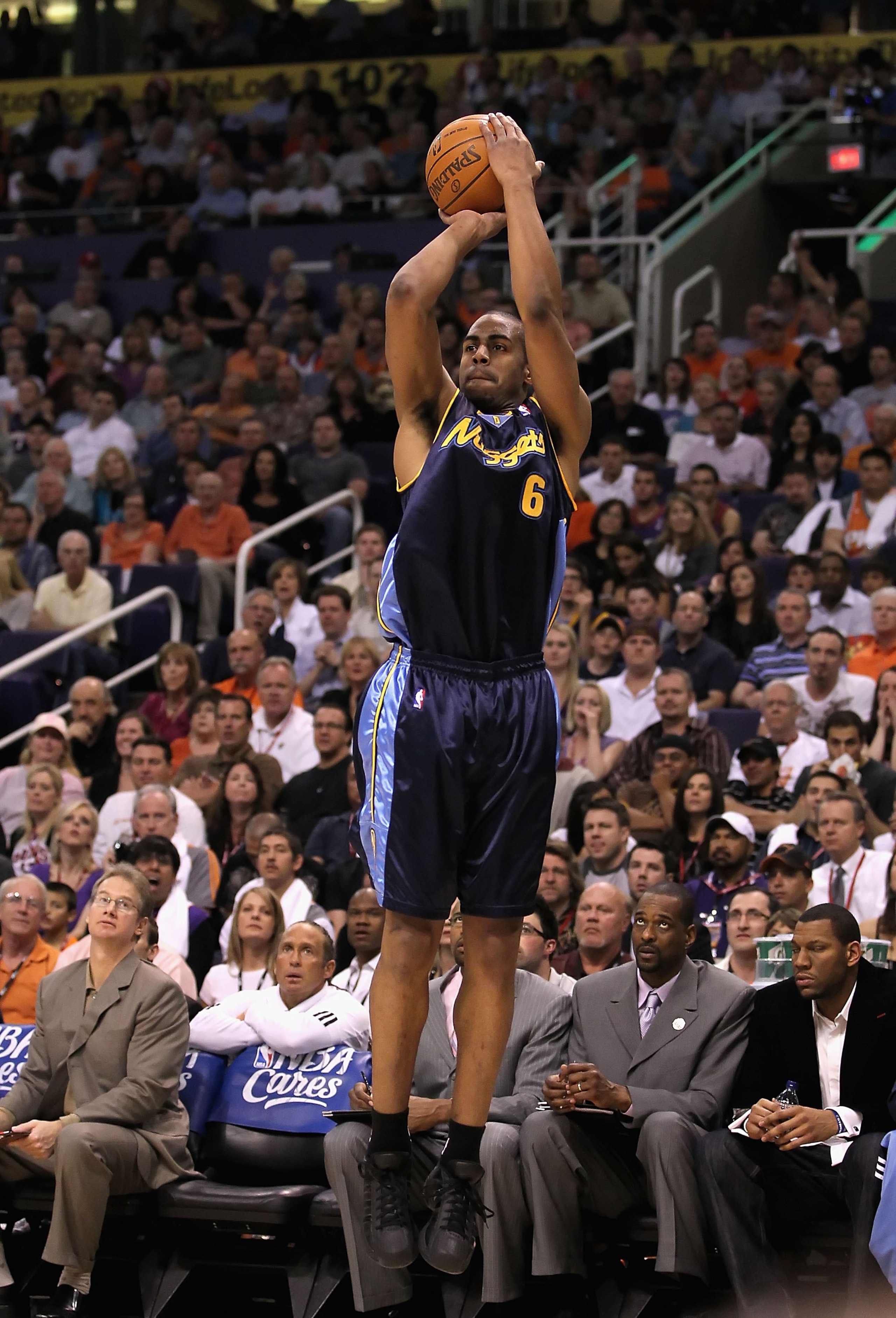 PHOENIX - APRIL 13:  Arron Afflalo #6 of the Denver Nuggets puts up a shot during the NBA game against the Phoenix Suns at US Airways Center on April 13, 2010 in Phoenix, Arizona. The Suns defeated the Nuggets 123-101.  NOTE TO USER: User expressly acknow