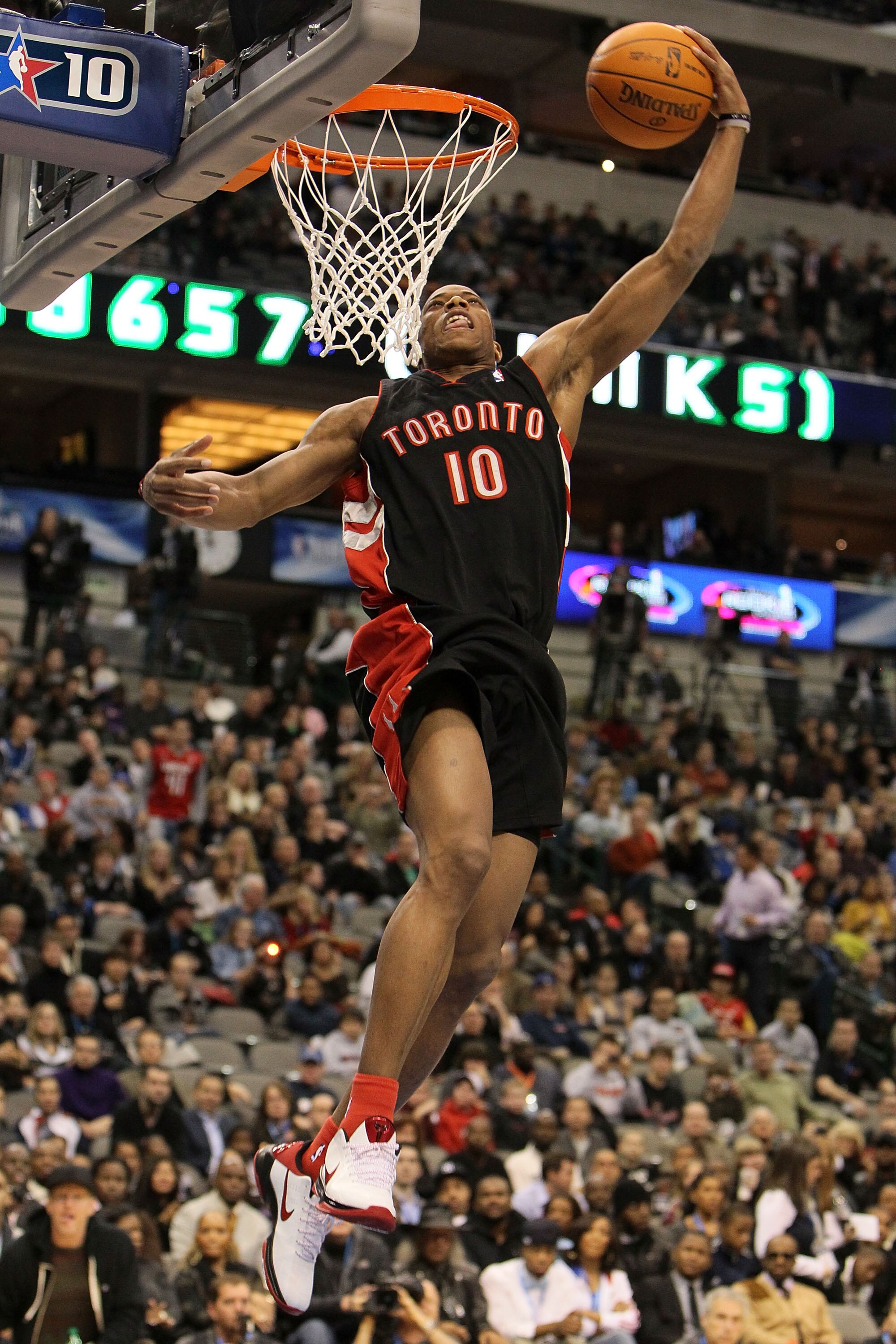 DALLAS - FEBRUARY 12:  DeMar DeRozan #10 of the Toronto Raptors shoots during the slam dunk contest at held at halftime during the T-Mobile Rookie Challenge & Youth Jam part of 2010 NBA All-Star Weekend at American Airlines Center on February 12, 2010 in