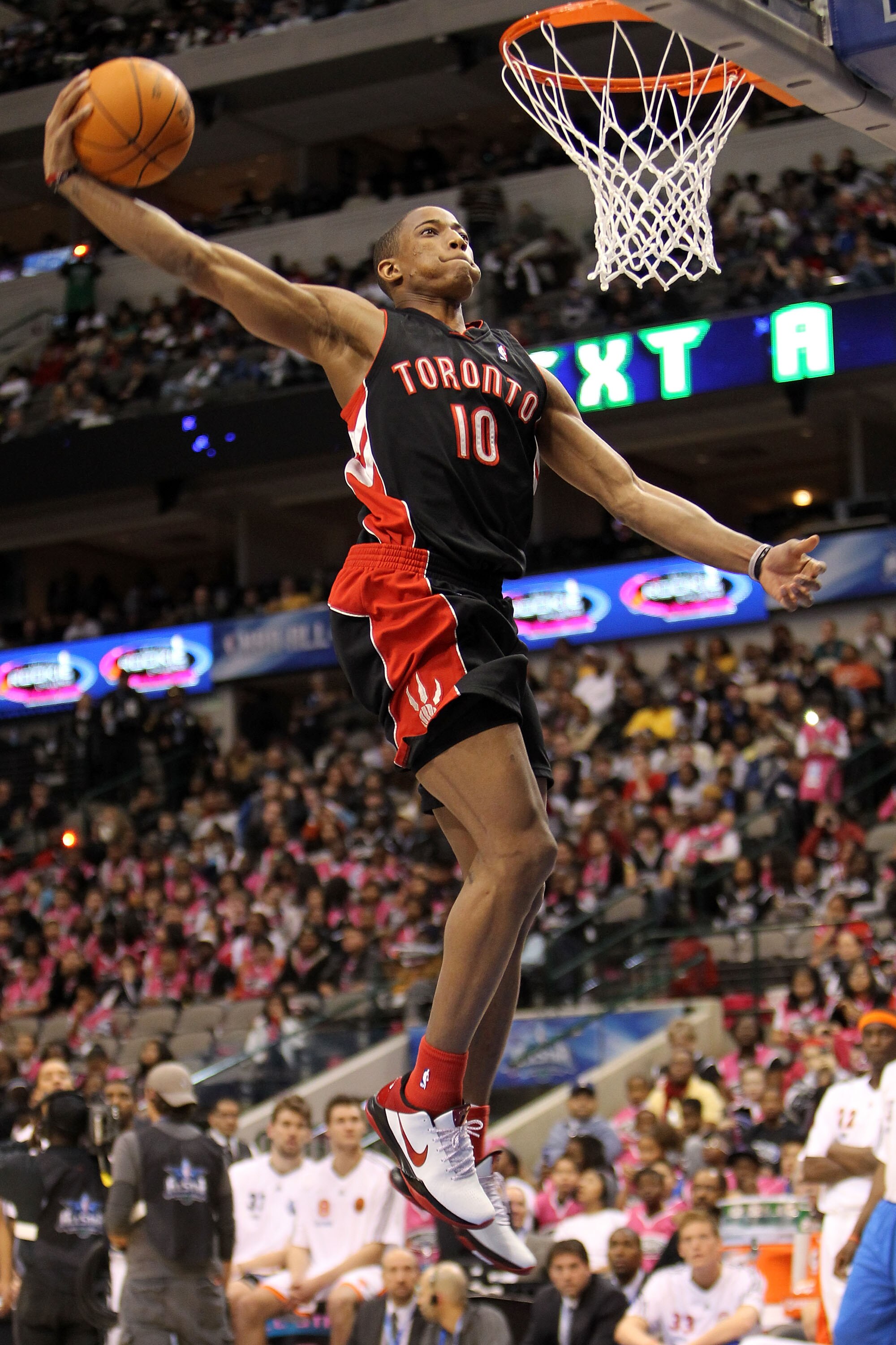 DALLAS - FEBRUARY 12:  DeMar DeRozan #10 of the Toronto Raptors shoots during the slam dunk contest at held at halftime during the T-Mobile Rookie Challenge & Youth Jam part of 2010 NBA All-Star Weekend at American Airlines Center on February 12, 2010 in