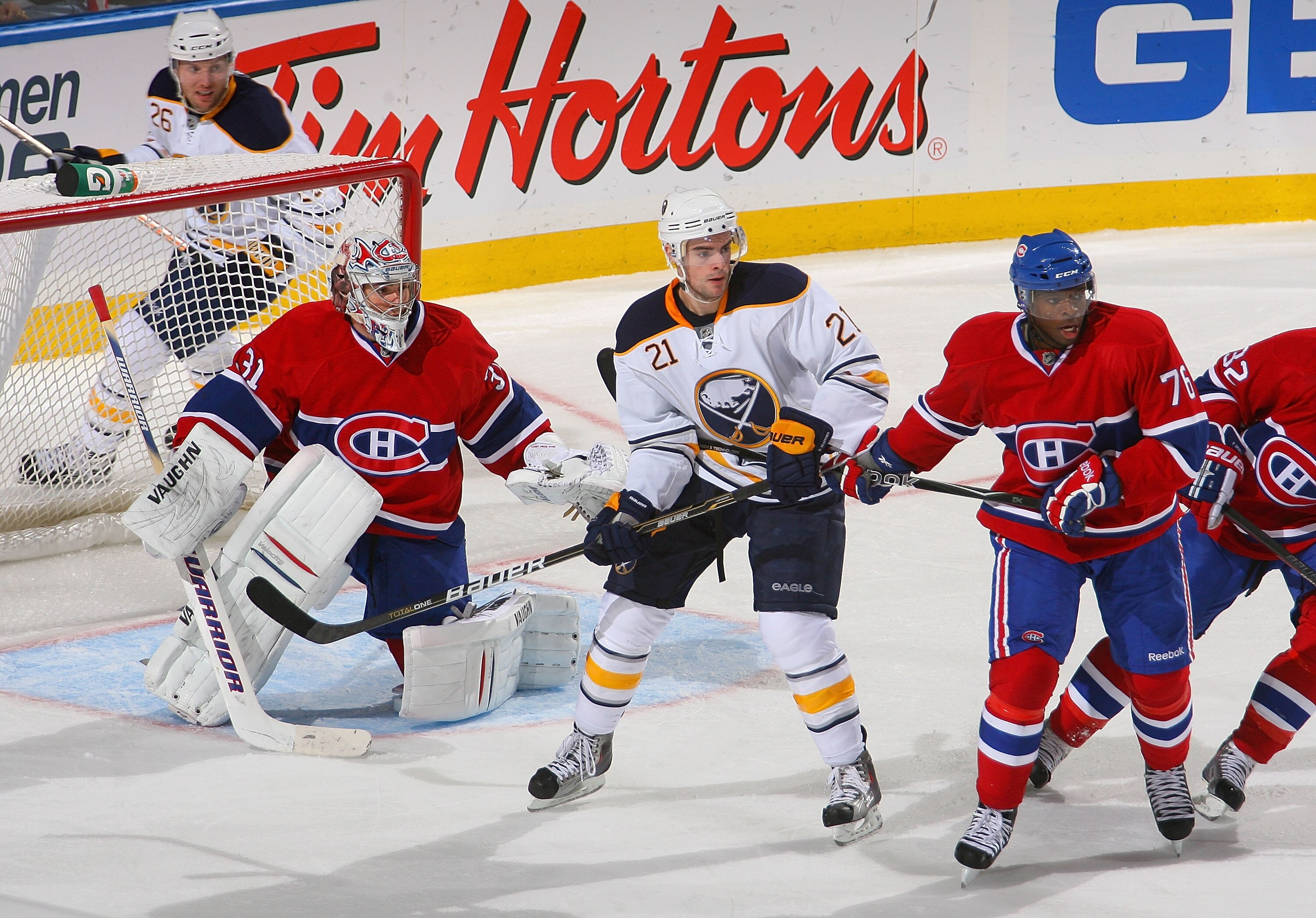 PBUFFALO, NY - OCTOBER 15: Carey Price #31 and P.K. Subban #76 of the Montreal Canadiens defend against Drew Stafford #21 and Thomas Vanek #26 of the Buffalo Sabres at HSBC Arena on October 15, 2010 in Buffalo, New York.  (Photo by Rick Stewart/Getty Imag