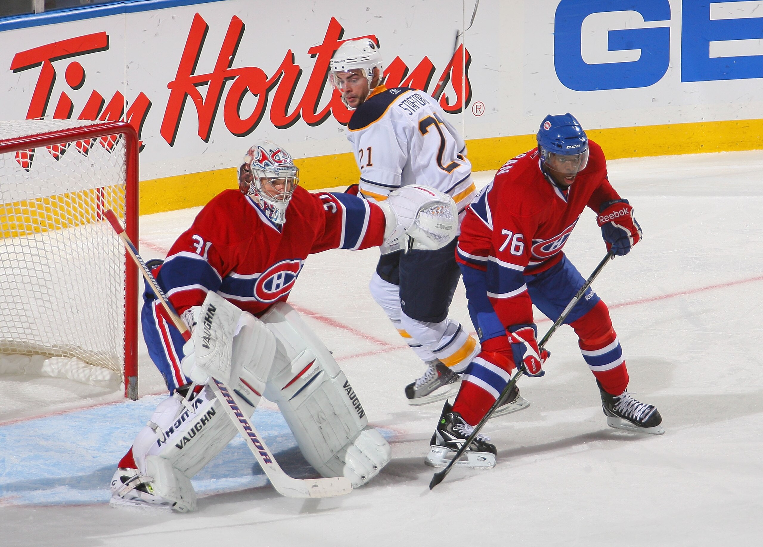 BUFFALO, NY - OCTOBER 15:  Carey Price #31 and P.K. Subban #76 of the Montreal Canadiens defend agains against Drew Stafford #21  of the Buffalo Sabres  at HSBC Arena on October 15, 2010 in Buffalo, New York.  (Photo by Rick Stewart/Getty Images)