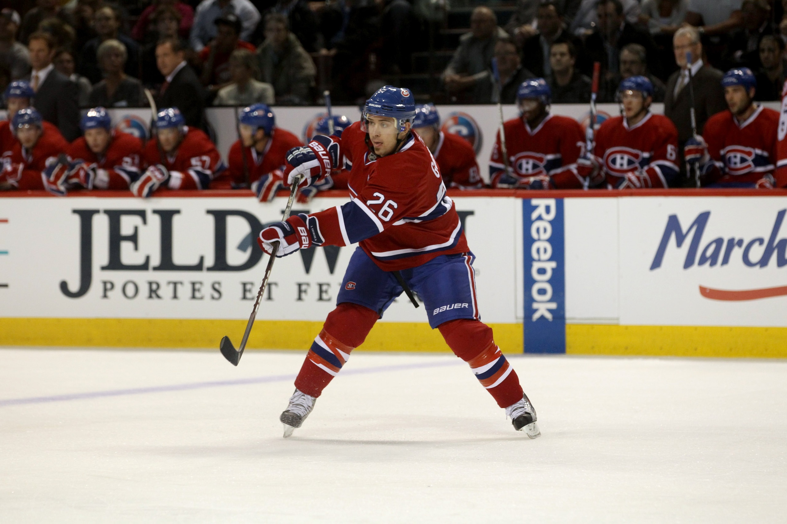 MONTREAL, CANADA - SEPTEMBER 27: Josh Gorges #26 of the Montreal Canadiens skates against the Montreal Canadiens at the Bell Centre on September 27, 2010 in Montreal, Canada. (Photo by Bruce Bennett/Getty Images)