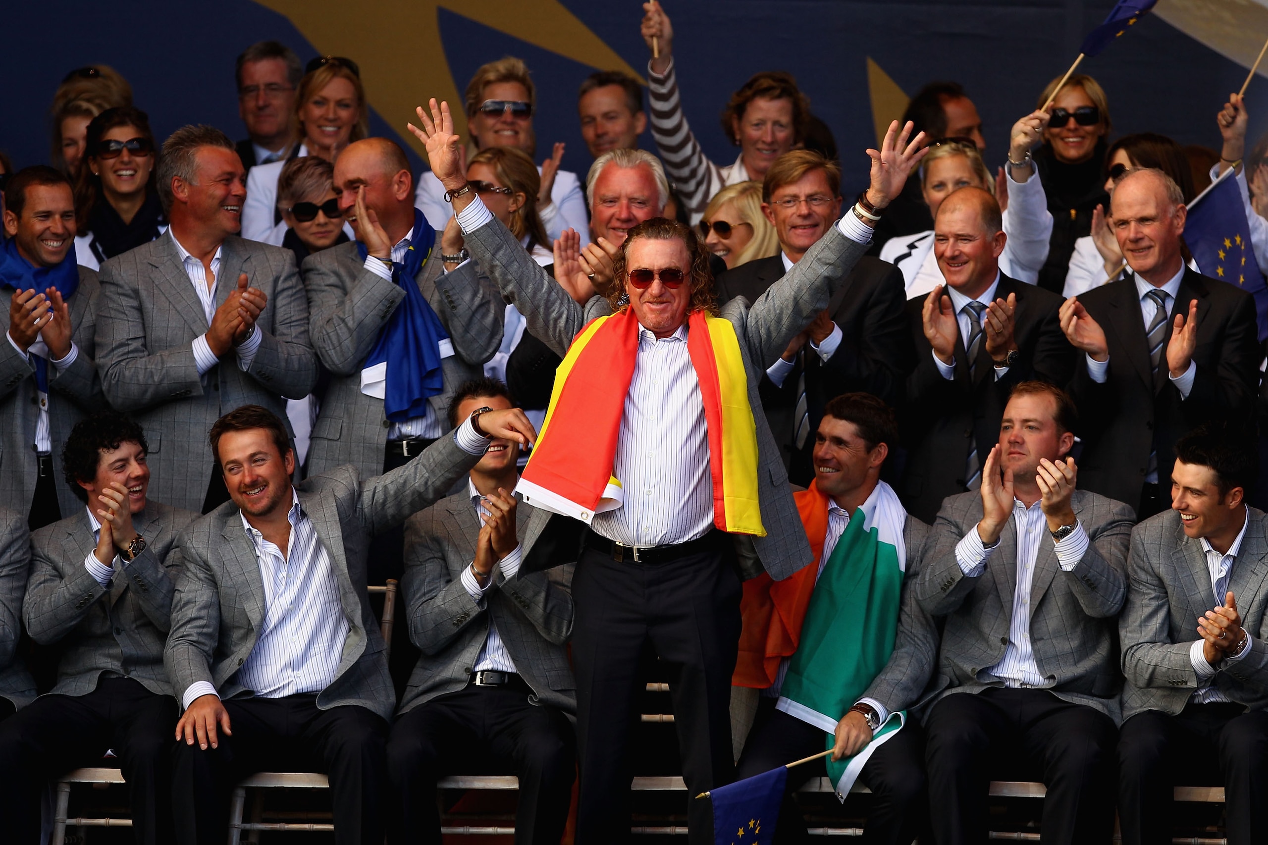 NEWPORT, WALES - OCTOBER 04:  Miguel Angel Jimenez of Europe acknowledges the crowd at the closing ceremonies following Europe's 14.5 to 13.5 victory over the USA at the 2010 Ryder Cup at the Celtic Manor Resort on October 4, 2010 in Newport, Wales.  (Pho