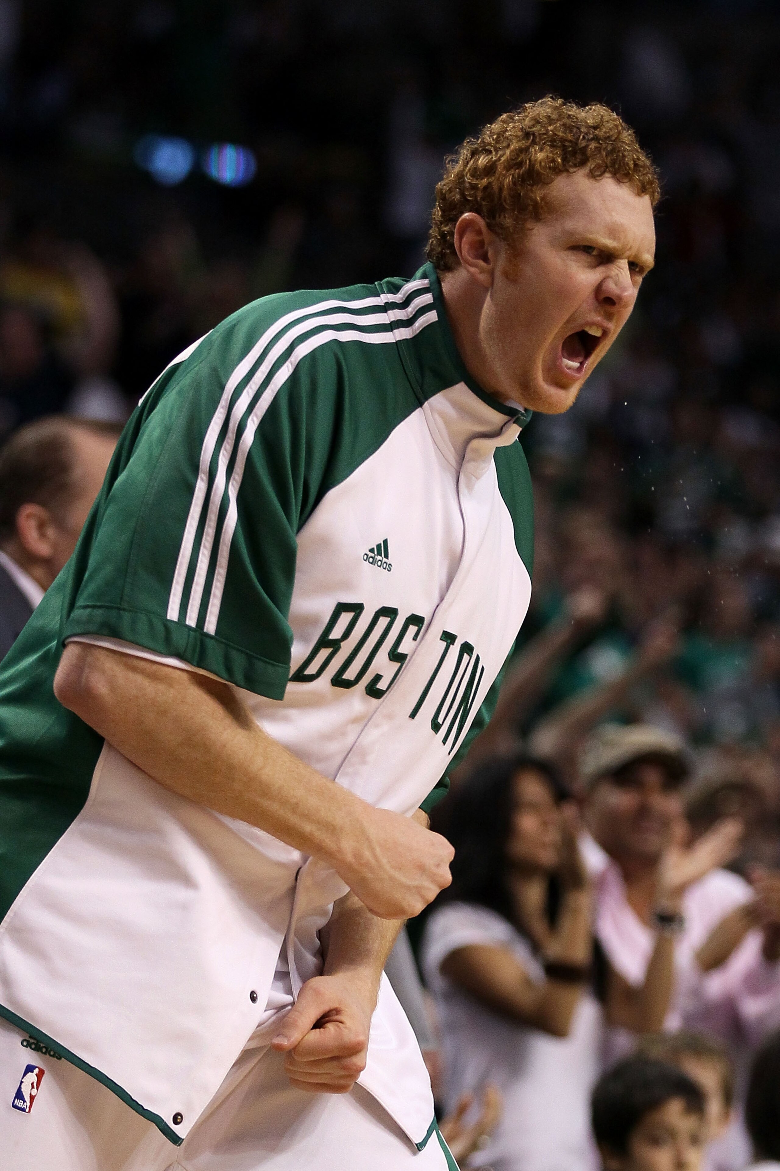 BOSTON - MAY 28:  Brian Scalabrine #44 of the Boston Celtics cheers on his teammates from the bench against the Orlando Magic in Game Six of the Eastern Conference Finals during the 2010 NBA Playoffs at TD Garden on May 28, 2010 in Boston, Massachusetts.