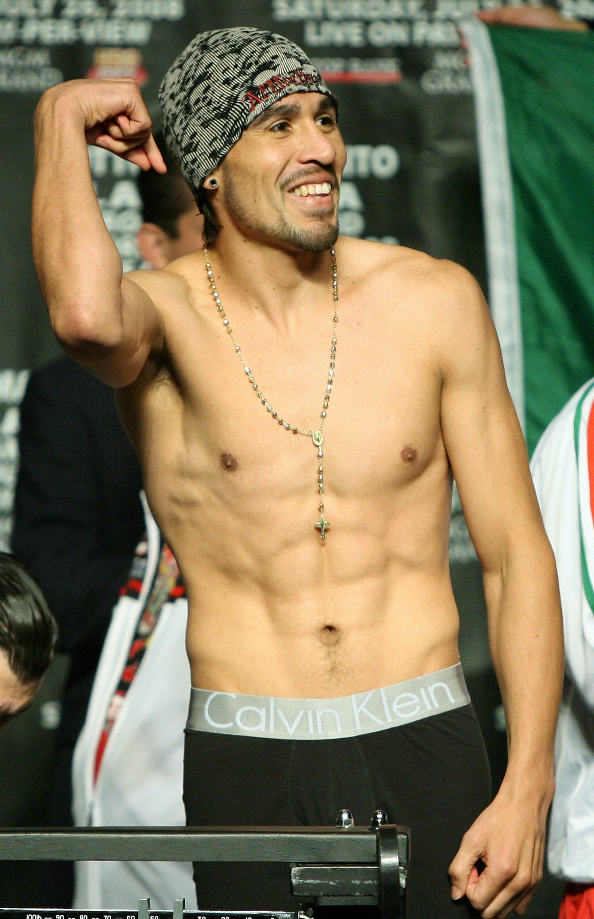 LAS VEGAS - JULY 25:  Antonio Margarito of Mexico poses during the official weigh-in for his fight against Miguel Cotto of Puerto Rico at the MGM Grand Garden Arena July 25, 2008 in Las Vegas, Nevada. Margarito will fight for Cotto's WBA welterweight titl