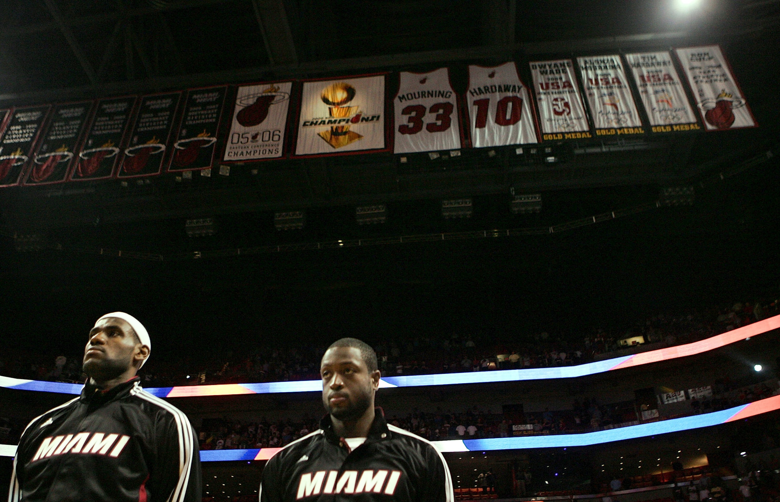 MIAMI - OCTOBER 12:  Forward LeBron James #6 and Dwyane Wade #3 of the Miami Heat prior to playing CSKA Moscow on October 12, 2010 in Miami, Florida.  Miami heat won 96-85 over CSKA Moscow.  NOTE TO USER: User expressly acknowledges and agrees that, by do