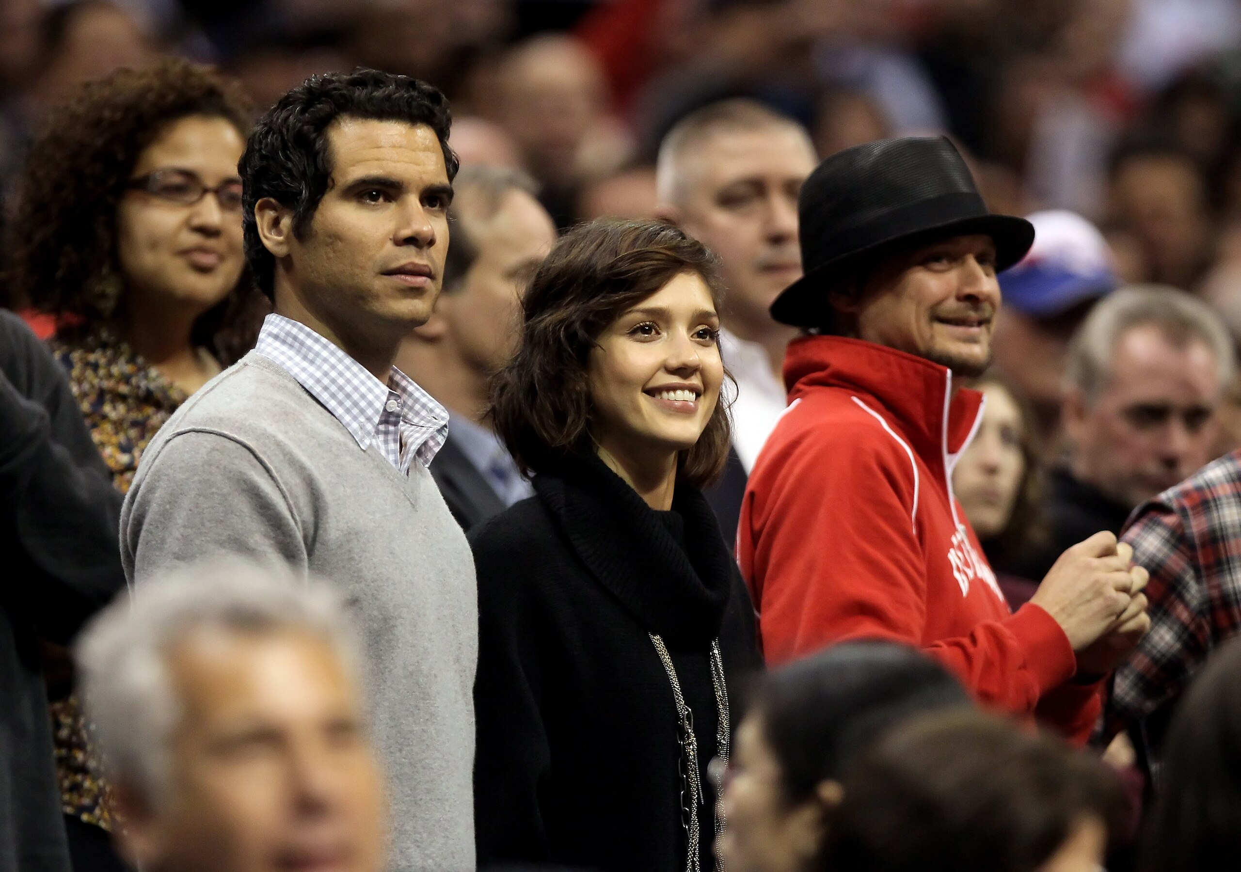 LOS ANGELES, CA - FEBRUARY 24:  (L-R) Cash Warren, Jessica Alba and Kid Rock are seen at a basketball game between the Detroit Pistons and the Los Angeles Clippers at Staples Center on February 24, 2010 in Los Angeles, California. The Clippers defeated th