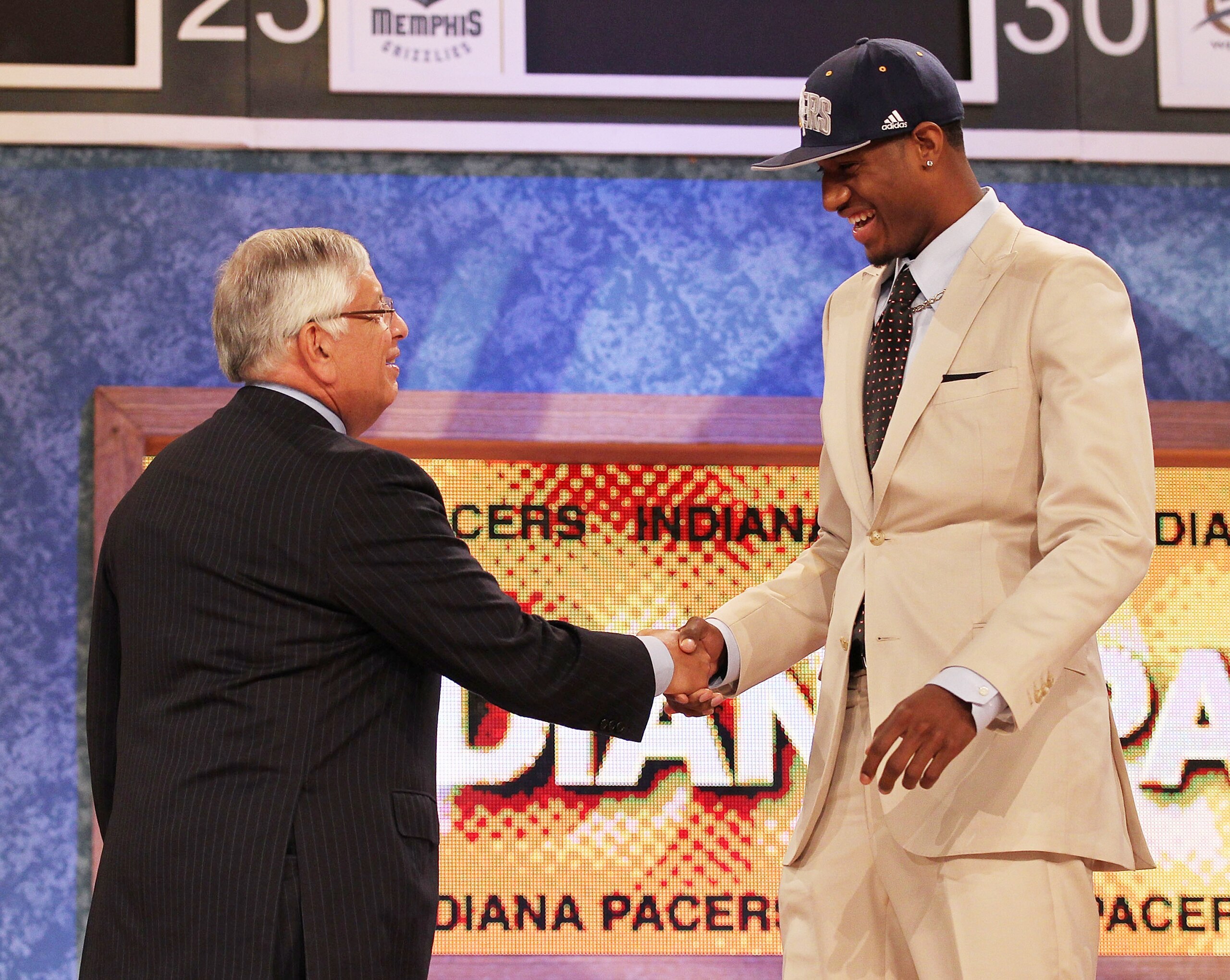 NEW YORK - JUNE 24:  Paul George stands with NBA Commisioner David Stern after being drafted tenth by The Indiana Pacers at Madison Square Garden on June 24, 2010 in New York City.  NOTE TO USER: User expressly acknowledges and agrees that, by downloading